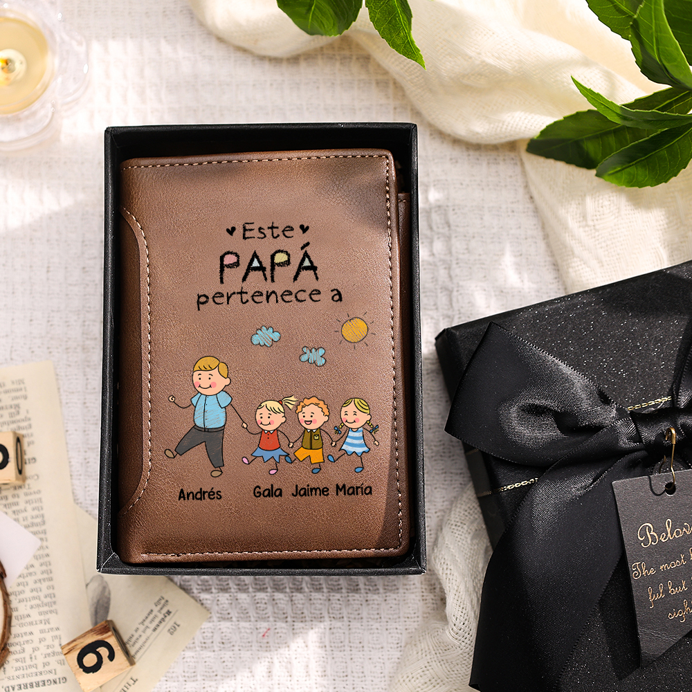 Cartera de cuero personalizada para papá o abuelo, personalizada con 1–8 nombres y figuras de niños