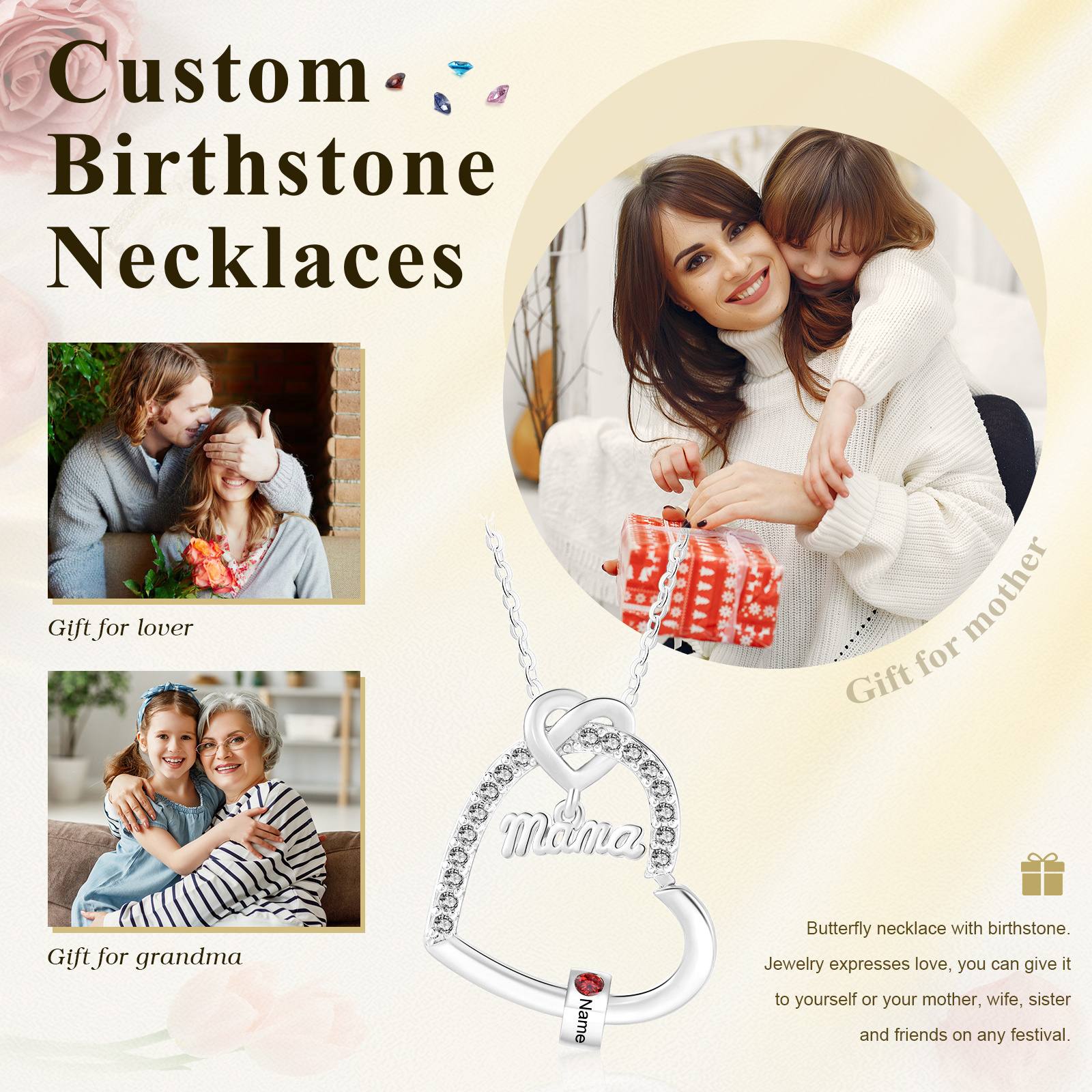 Collar de corazón personalizado para mamá con piedra de nacimiento y de 1 a 5 nombres