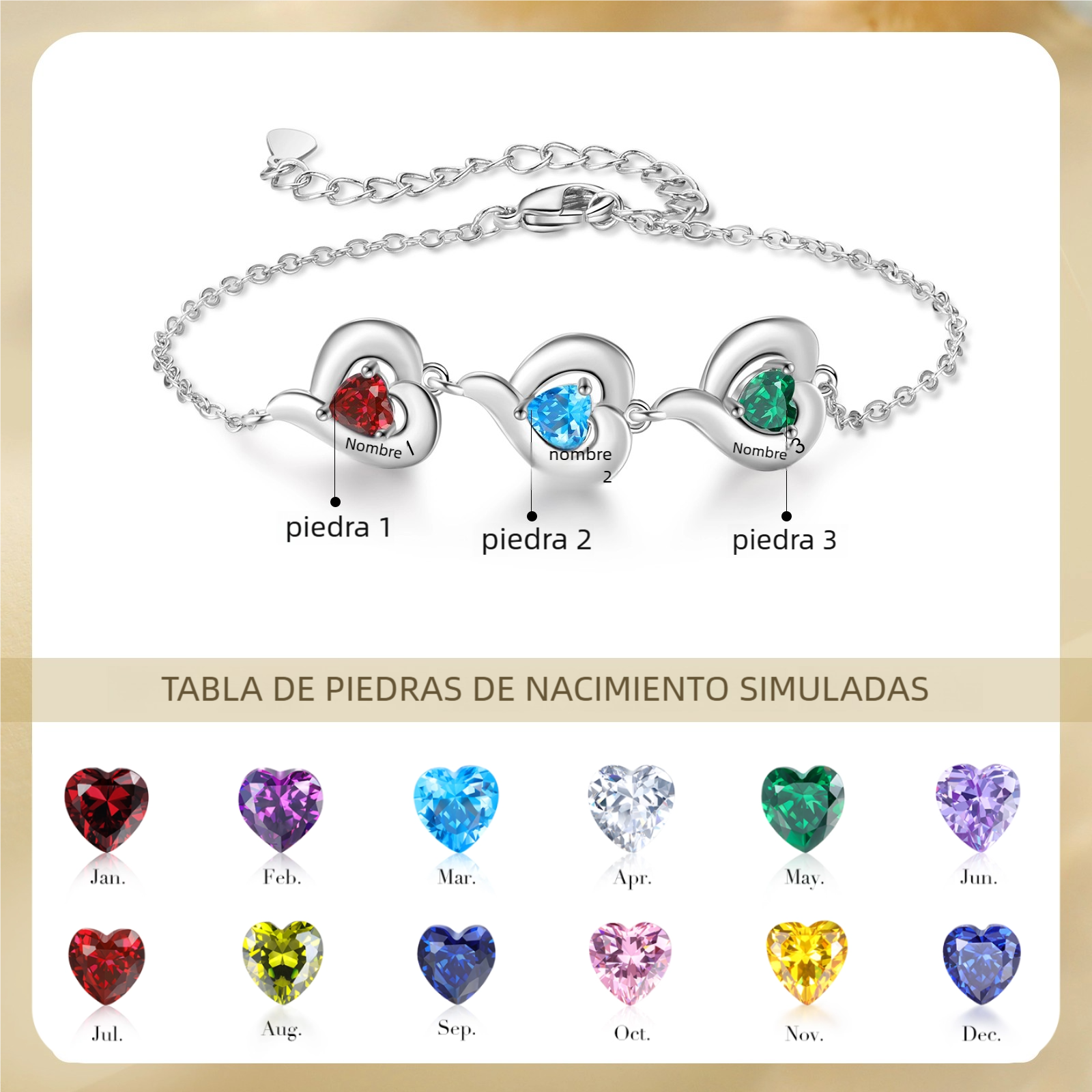 Pulsera con piedra de nacimiento en forma de corazón - Personalizable con 1-5 nombres