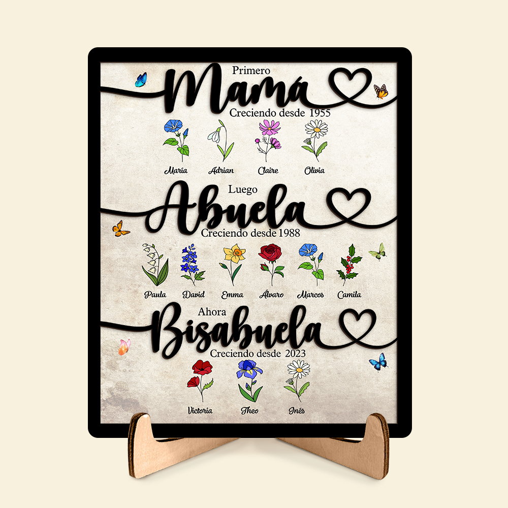 Marco familiar personalizado de madera «Primero mamá, luego abuela, ahora bisabuela» con motivo floral