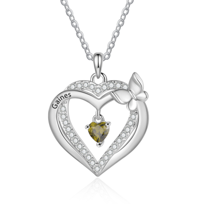 Collar de corazón con mariposa y piedra de nacimiento personalizado con 1 a 3 nombres