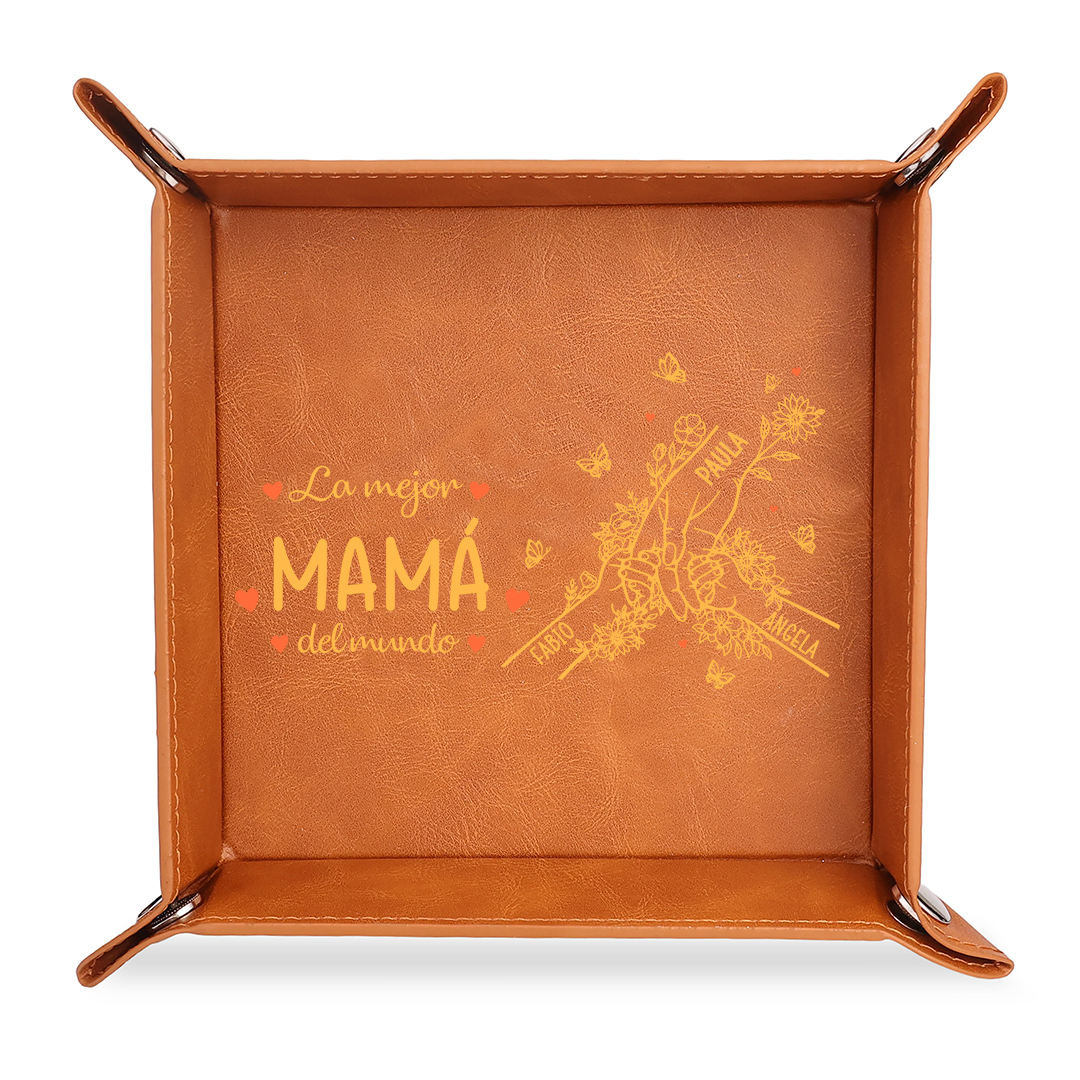 Bandeja vaciabolsillos de cuero personalizada con 2–7 nombres, el mejor regalo para mamá del mundo