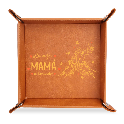 Bandeja vaciabolsillos de cuero personalizada con 2–7 nombres, el mejor regalo para mamá del mundo