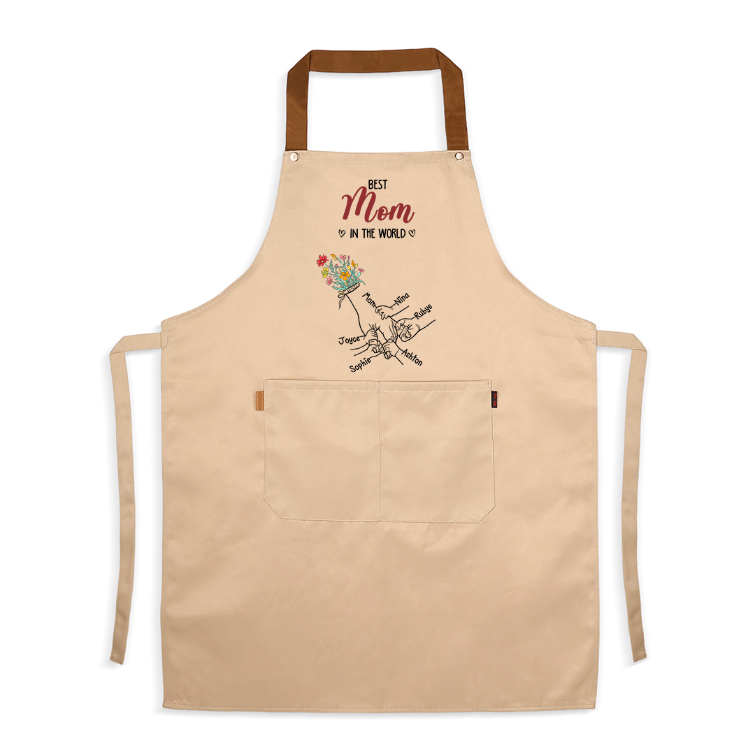 Delantal de cocina floral personalizado con manos entrelazadas, personalizado con 2–7 nombres, regalo para mamá o abuela