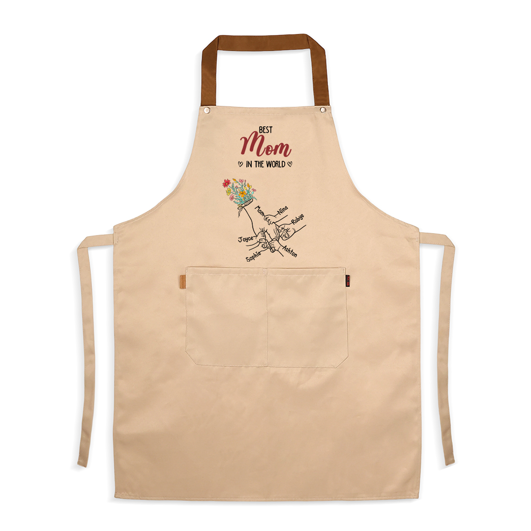 Delantal de cocina floral personalizado con manos entrelazadas, personalizado con 2–7 nombres, regalo para mamá o abuela