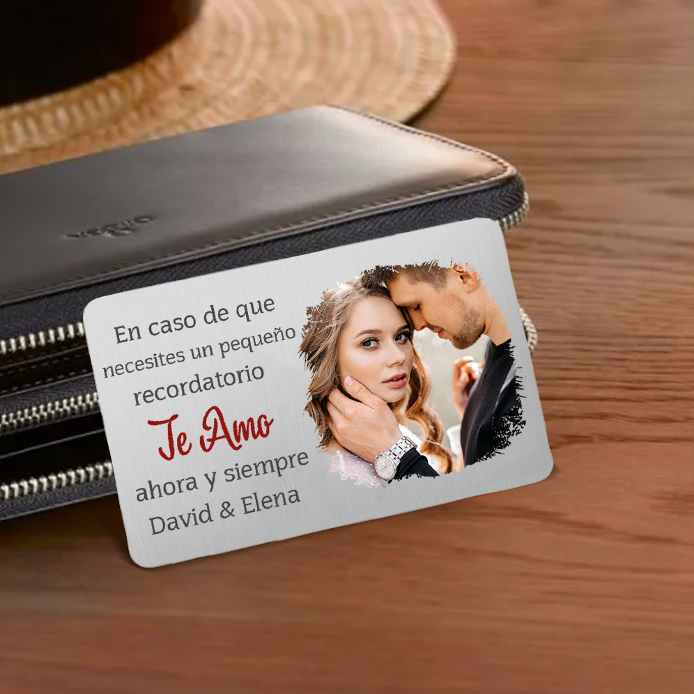 Pareja-Kit de regalo cartera, llavero, tarjeta y bolígrafo con caja foto, nombre, letra y texto personalizados | Jessemade