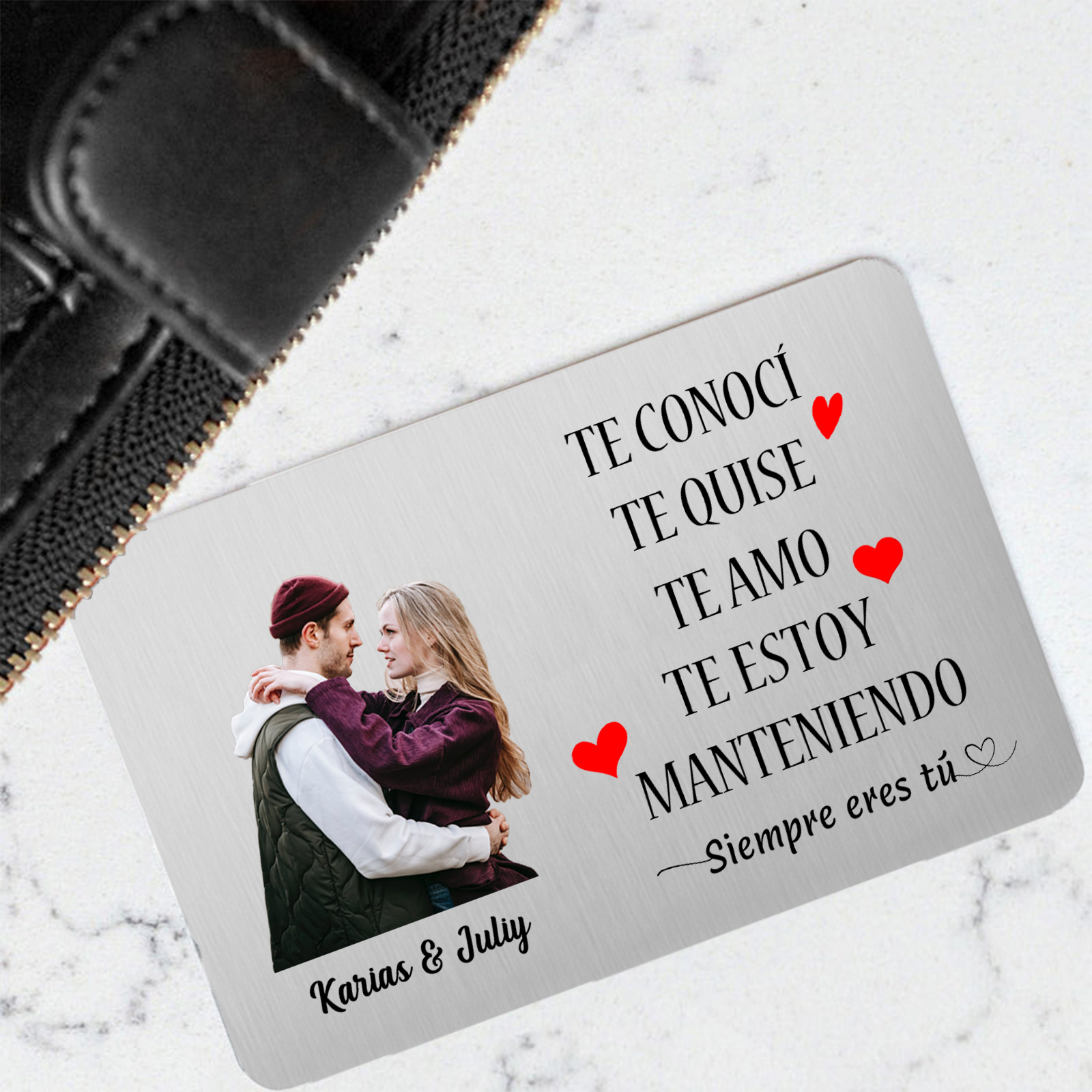 Pareja-Kit de regalo cartera, llavero de cuero, tarjeta para cartera con fotos, nombres, letra y fecha personalizados | Jessemade