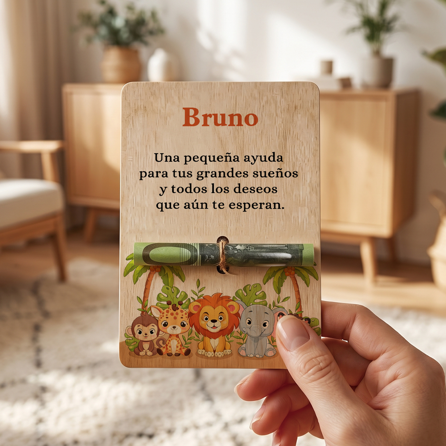Tarjeta de madera personalizado con nombre – Regalo de cumpleaños infantil con diseño de animales
