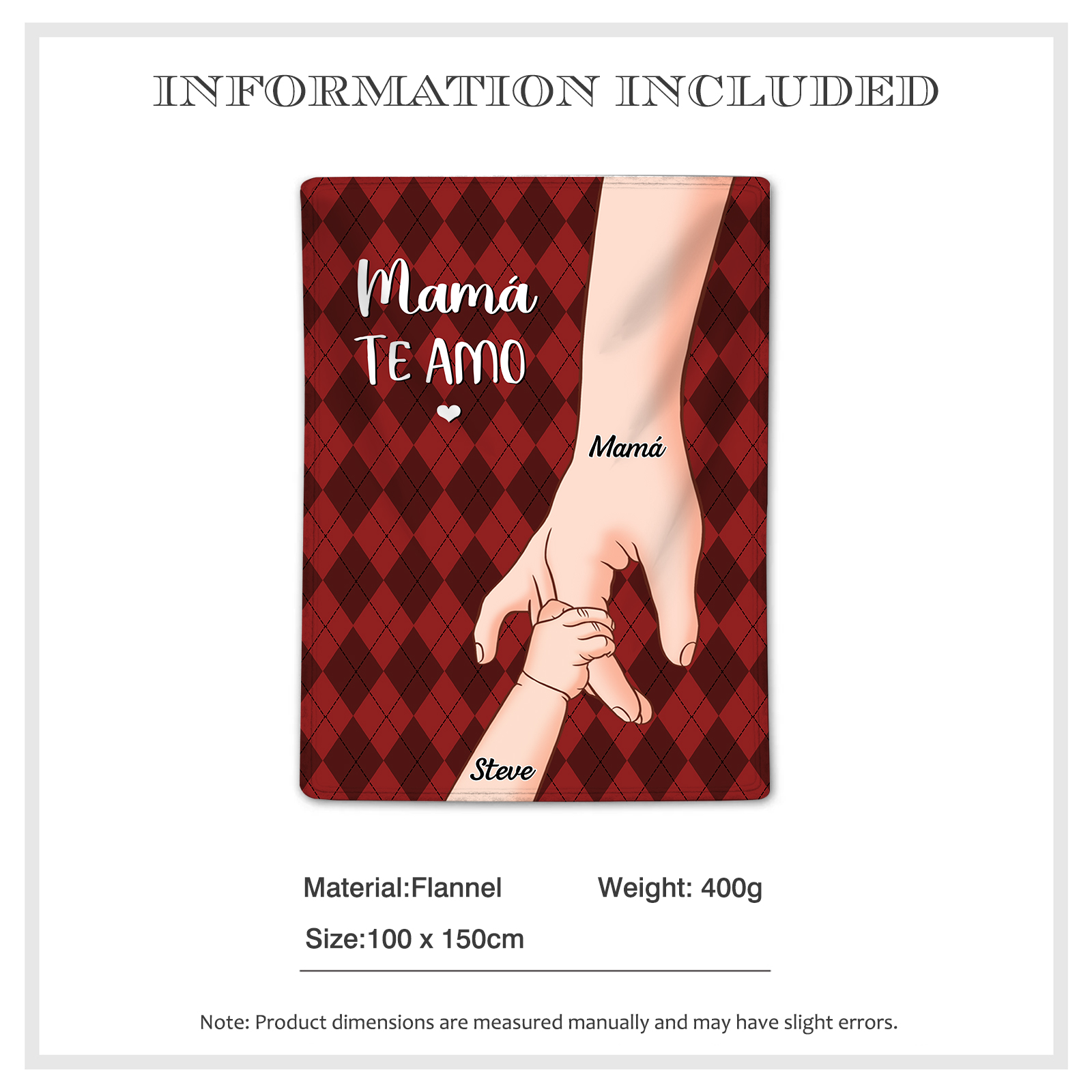 A mi abuela/mamá-Manta de buen calidad mano y mano personalizada con 2 nombres y 2 textos | Jessemade