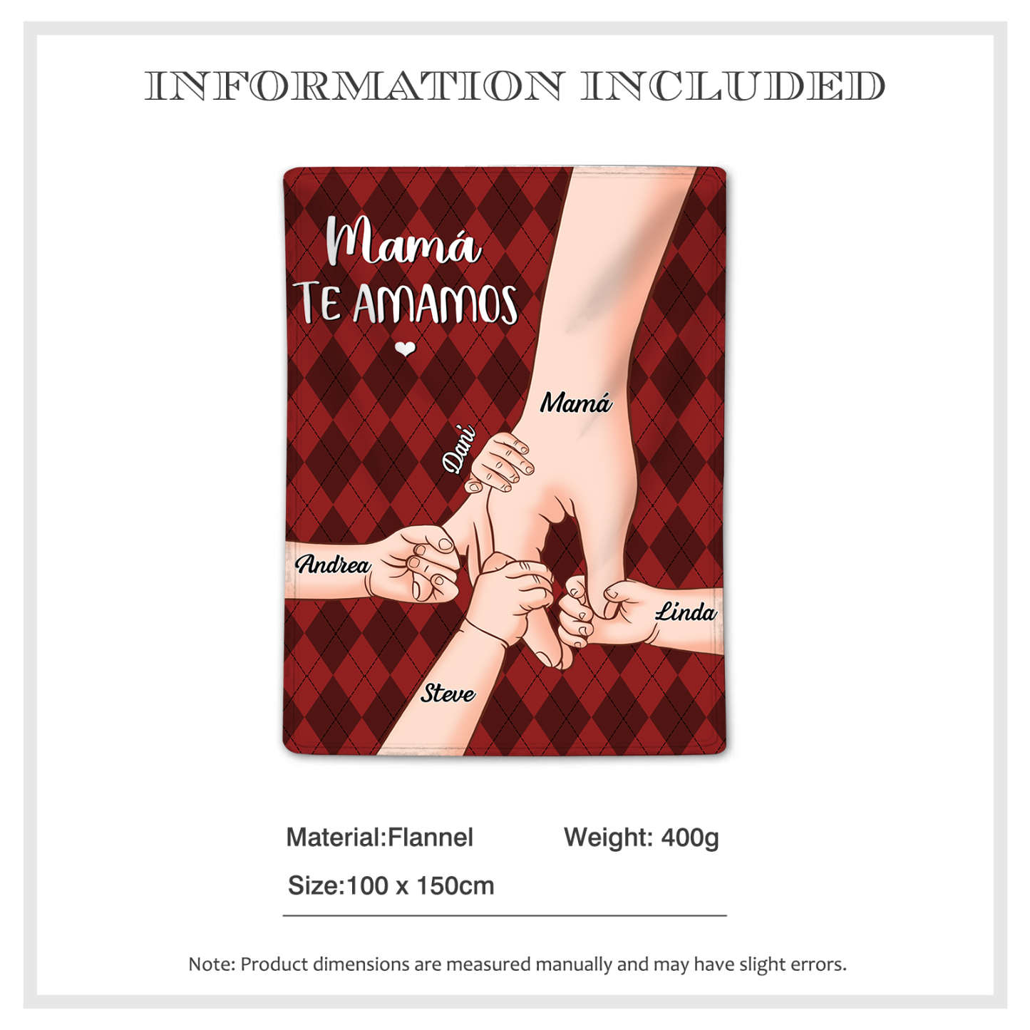 A mi abuela/mamá-Manta de buen calidad mano y mano personalizada con 5 nombres y 2 textos | Jessemade