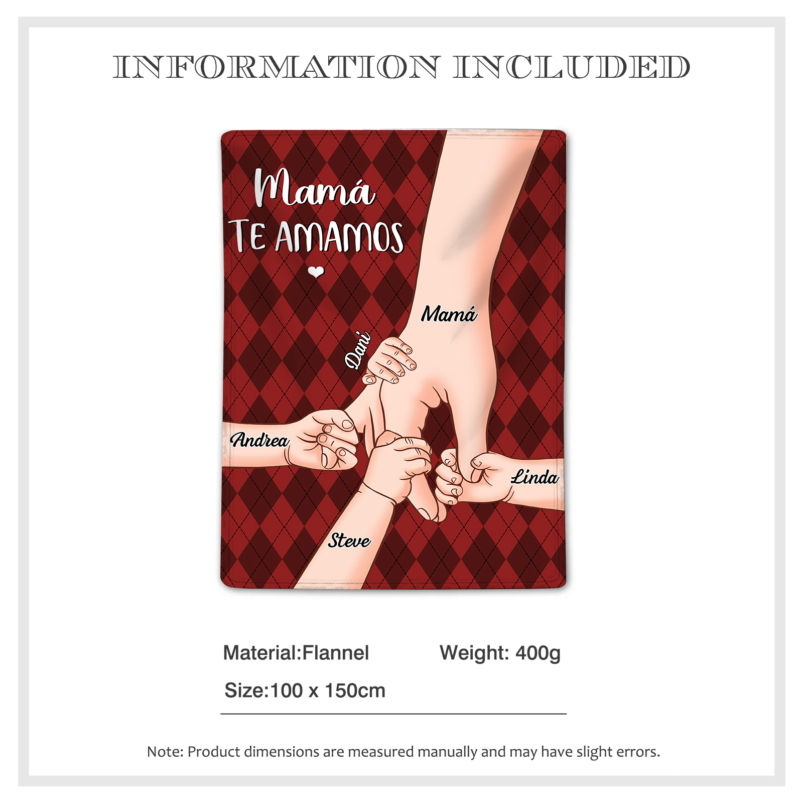 A mi abuela/mamá-Manta de buen calidad mano y mano personalizada con 5 nombres y 2 textos | Jessemade