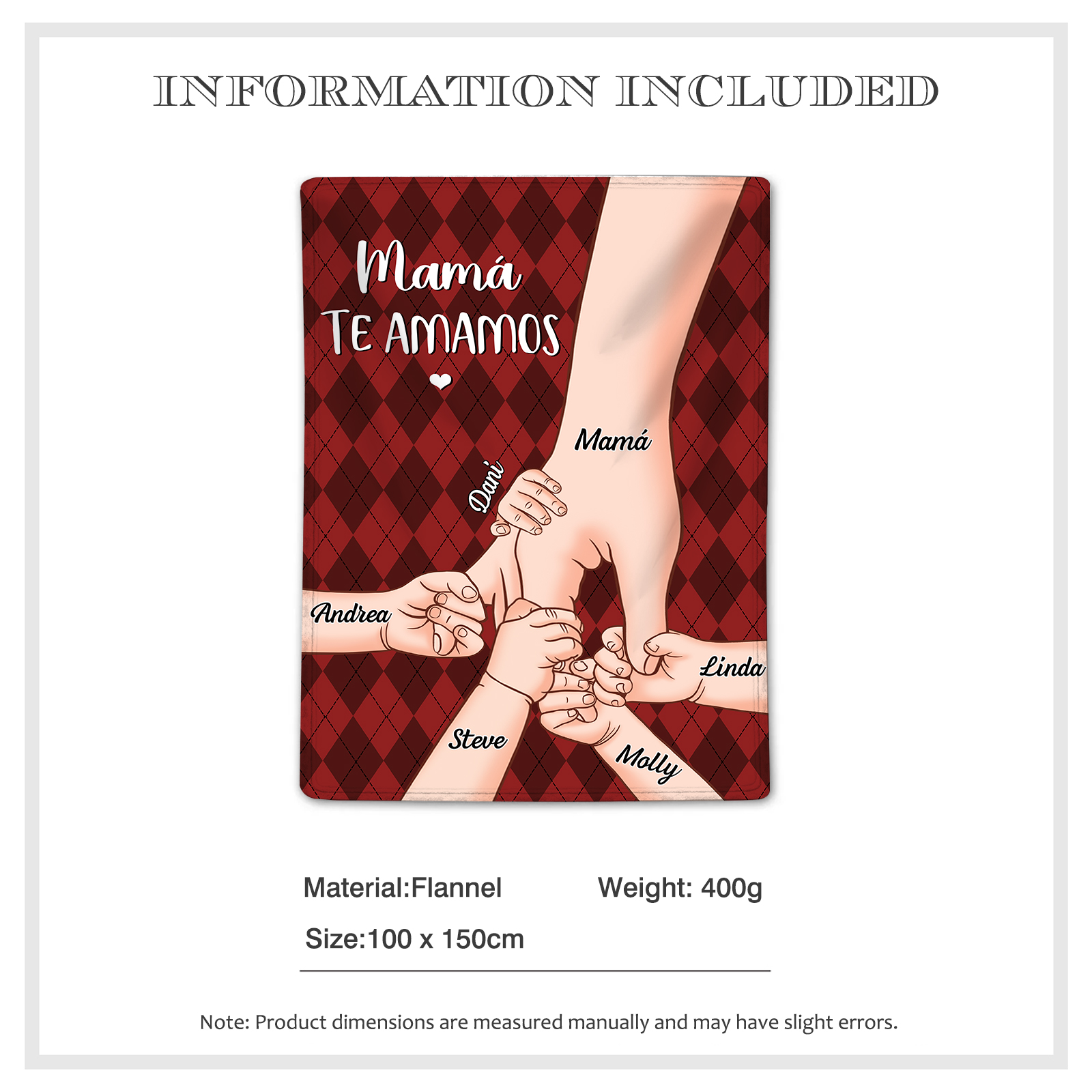 A mi abuela/mamá-Manta de buen calidad mano y mano personalizada con 6 nombres y 2 textos | Jessemade