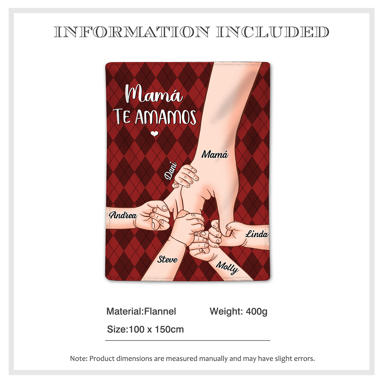 A mi abuela/mamá-Manta de buen calidad mano y mano personalizada con 6 nombres y 2 textos | Jessemade