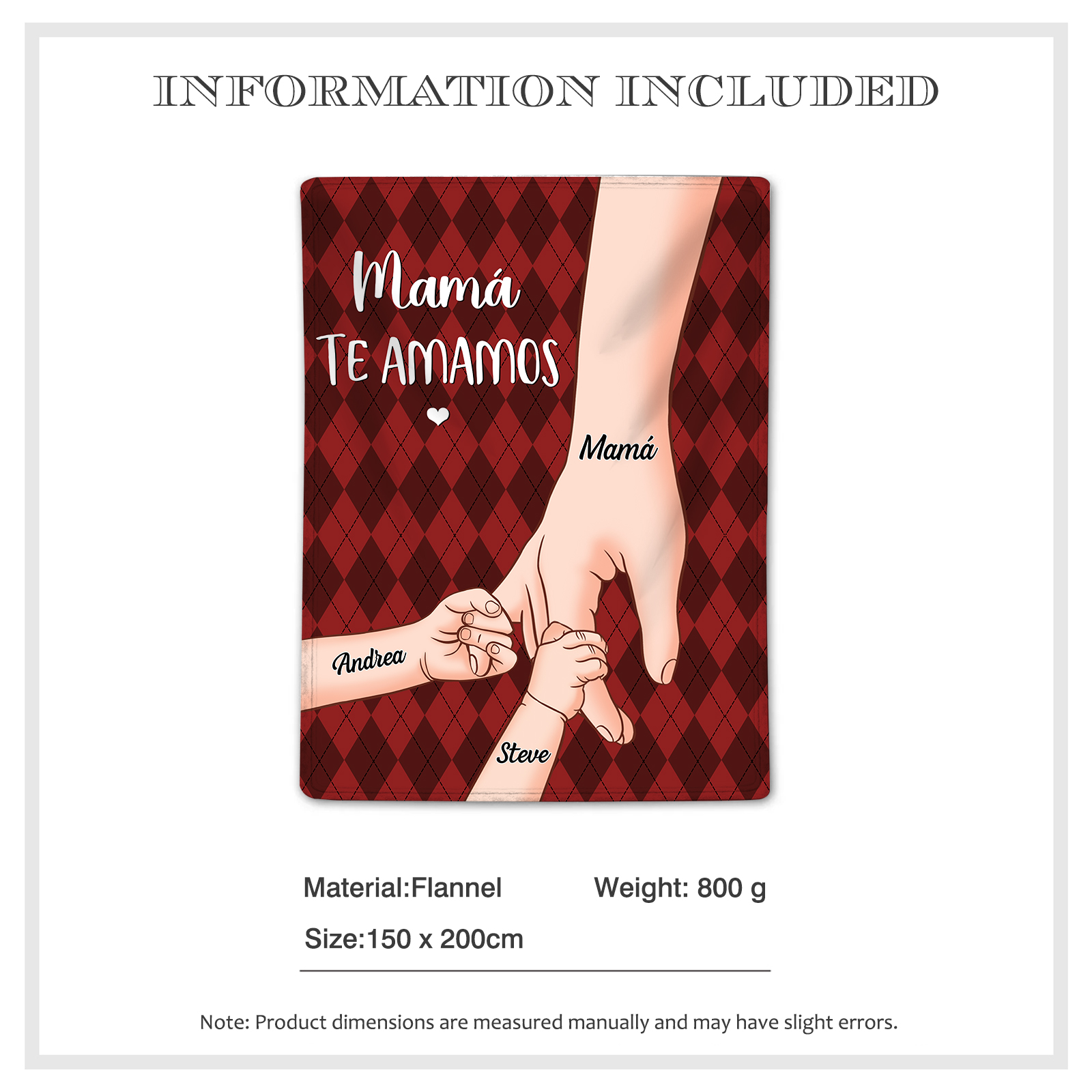 A mi abuela/mamá-Manta de buen calidad mano y mano personalizada con 3 nombres y 2 textos | Jessemade