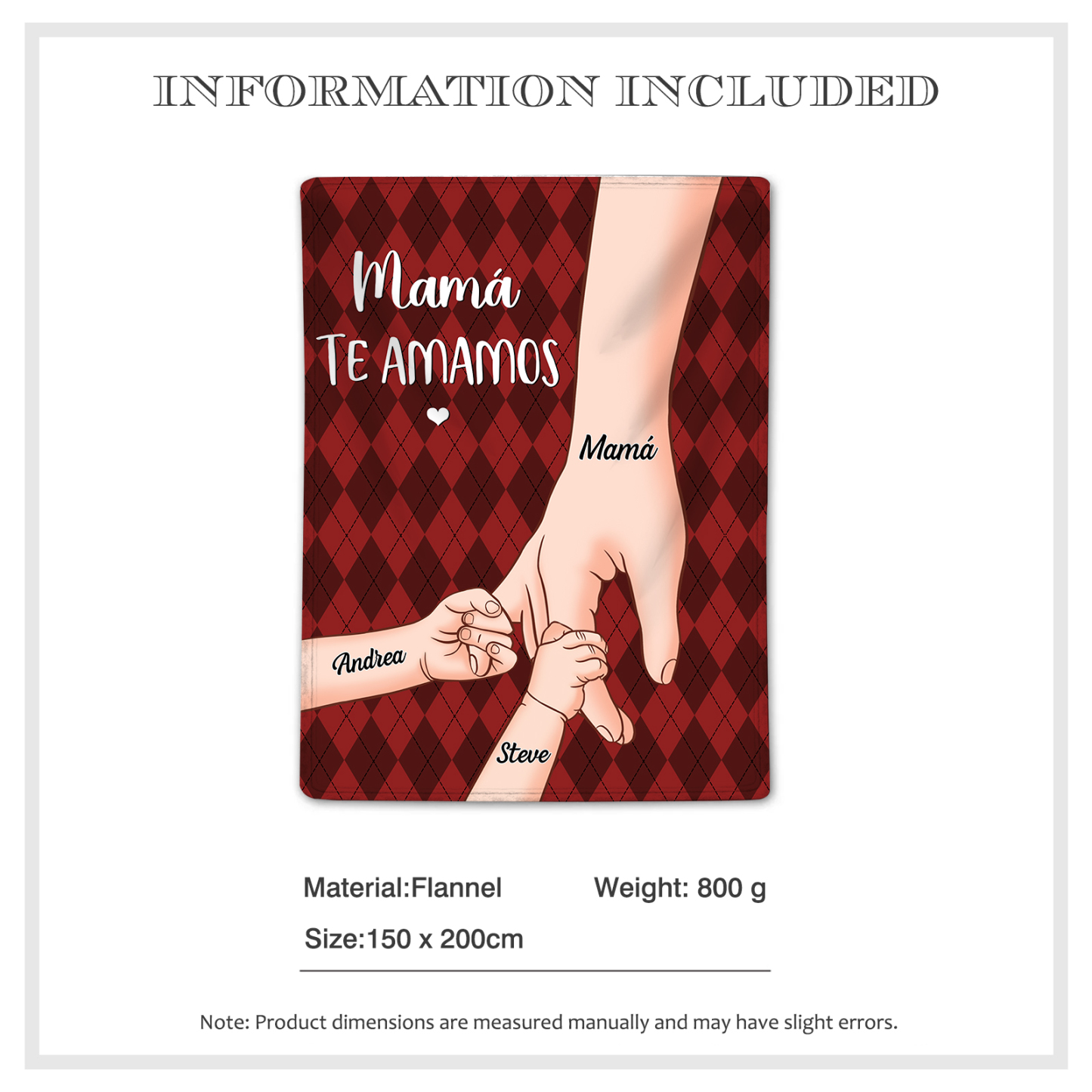 A mi abuela/mamá-Manta de buen calidad mano y mano personalizada con 3 nombres y 2 textos | Jessemade