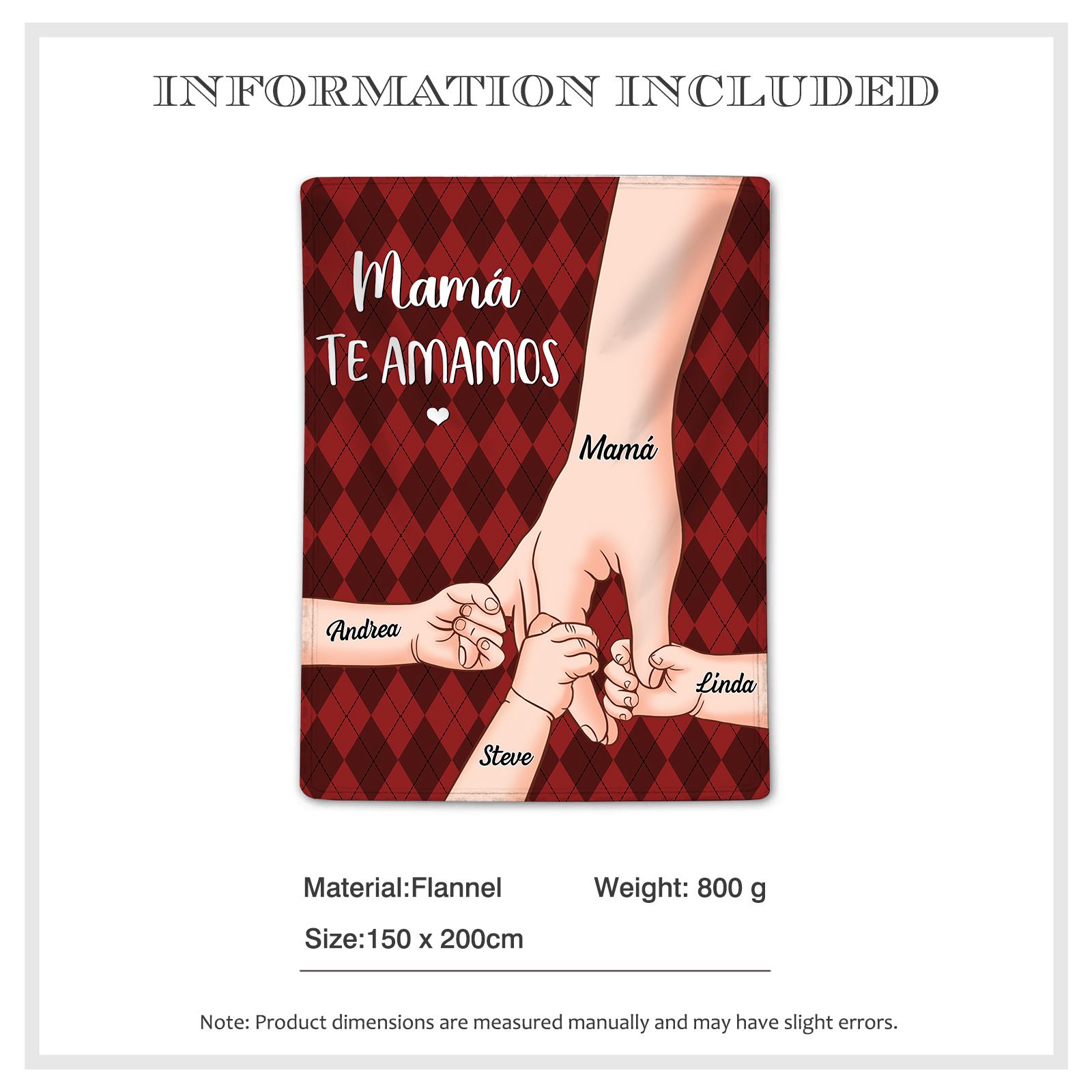 A mi abuela/mamá-Manta de buen calidad mano y mano personalizada con 4 nombres y 2 textos | Jessemade