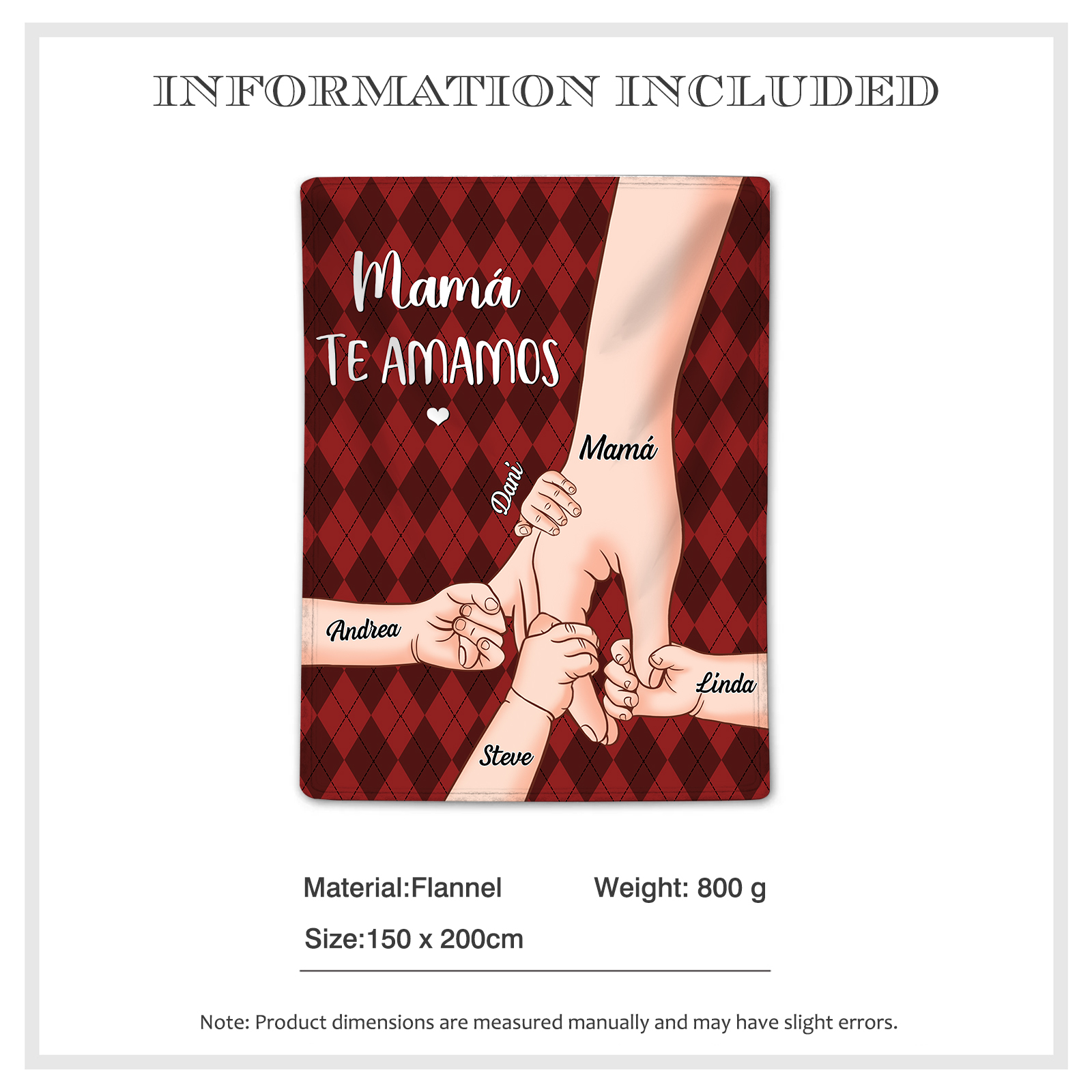 A mi abuela/mamá-Manta de buen calidad mano y mano personalizada con 5 nombres y 2 textos | Jessemade