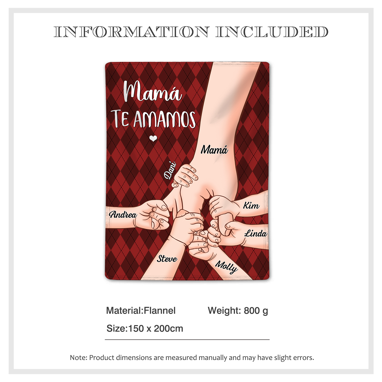 A mi abuela/mamá-Manta de buen calidad mano y mano personalizada con 7 nombres y 2 textos | Jessemade