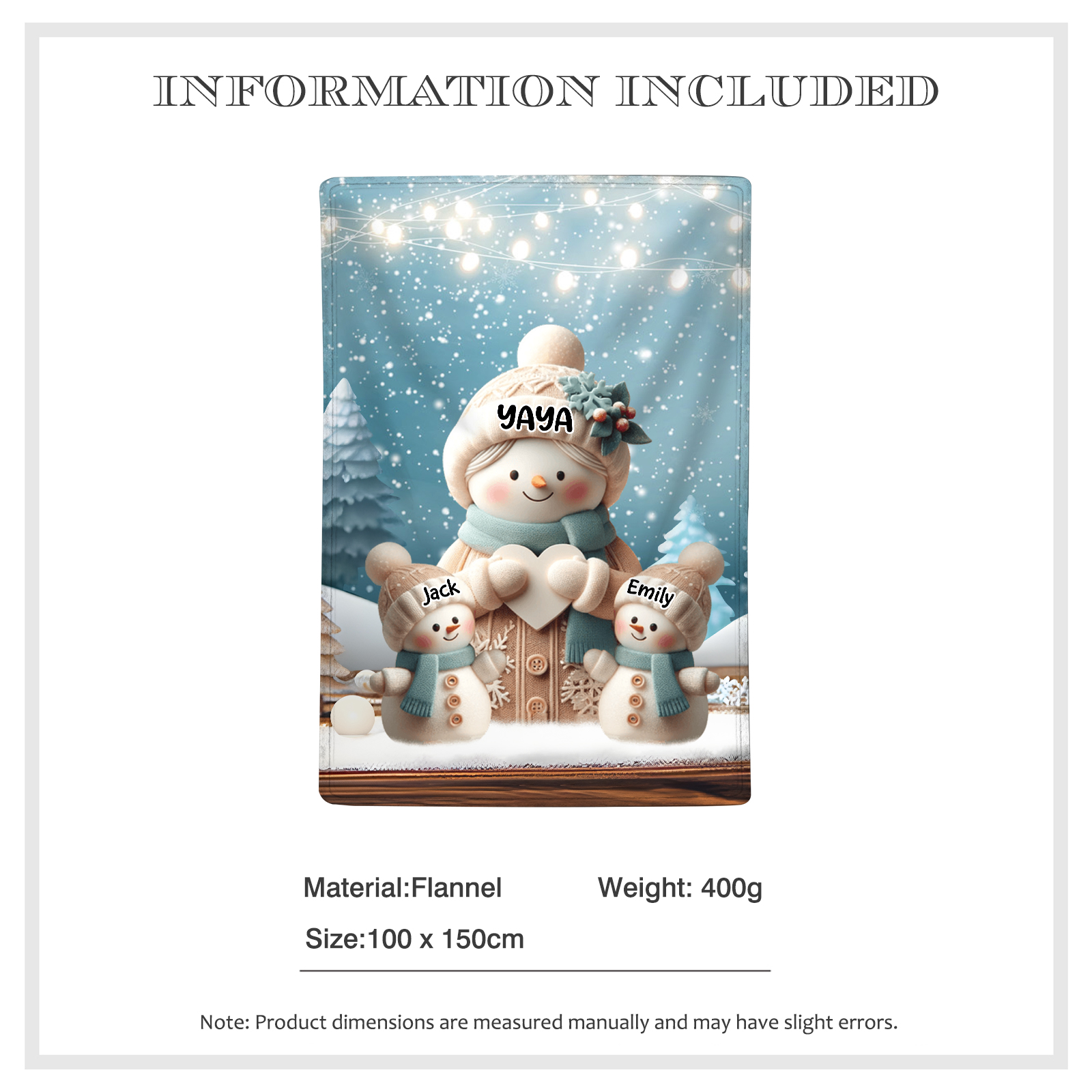 A mi abuela/mamá-Manta de buen calidad muñeco de nieve personalizada con 3 nombres | Jessemade