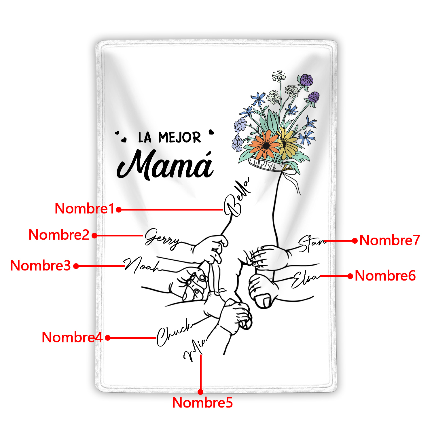 A mi mamá-Manta de buen calidad mano con mano y personalizada con 7 nombres | Jessemade