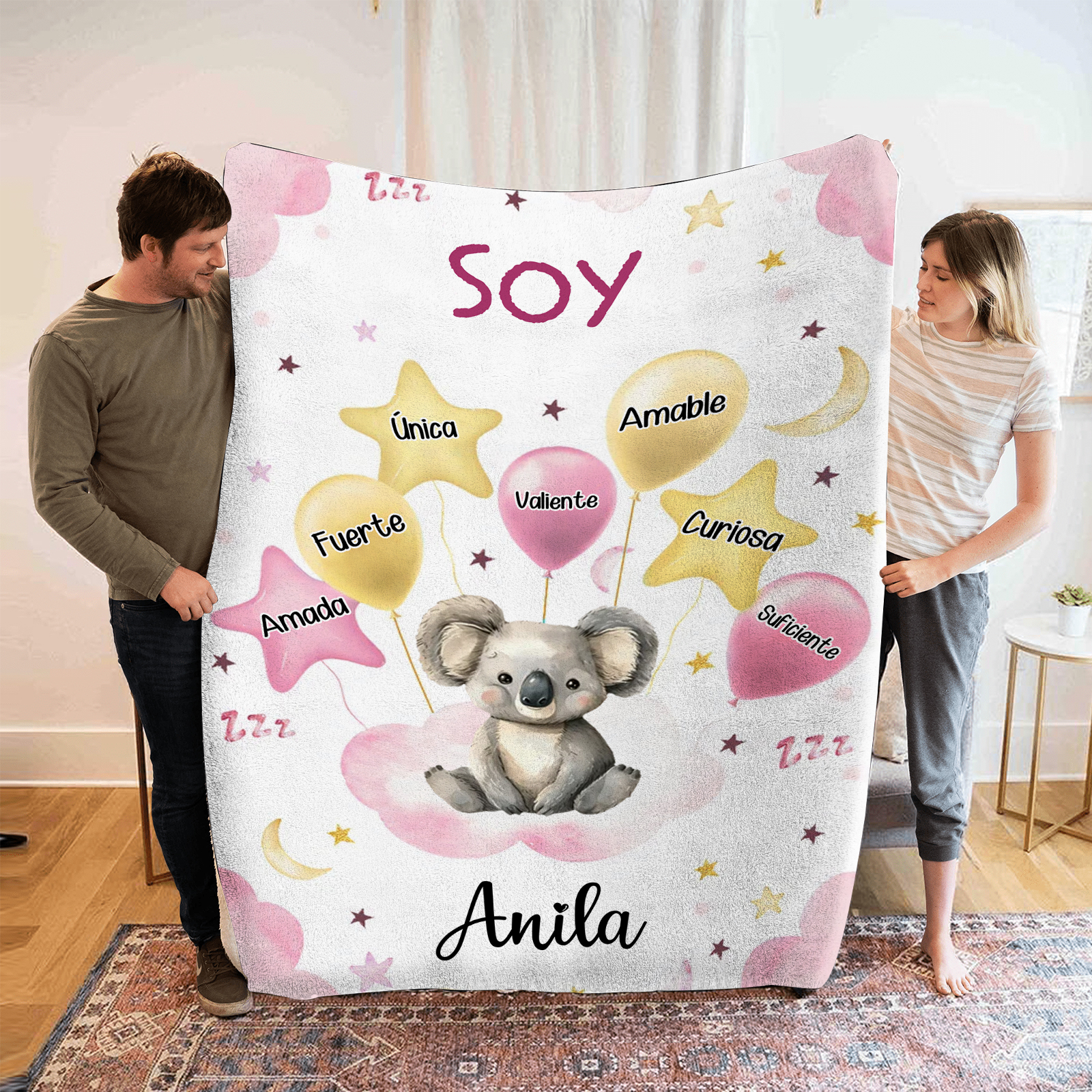 Manta rosa de buen calidad para niño con animales personalizada con 1 nombre | Jessemade