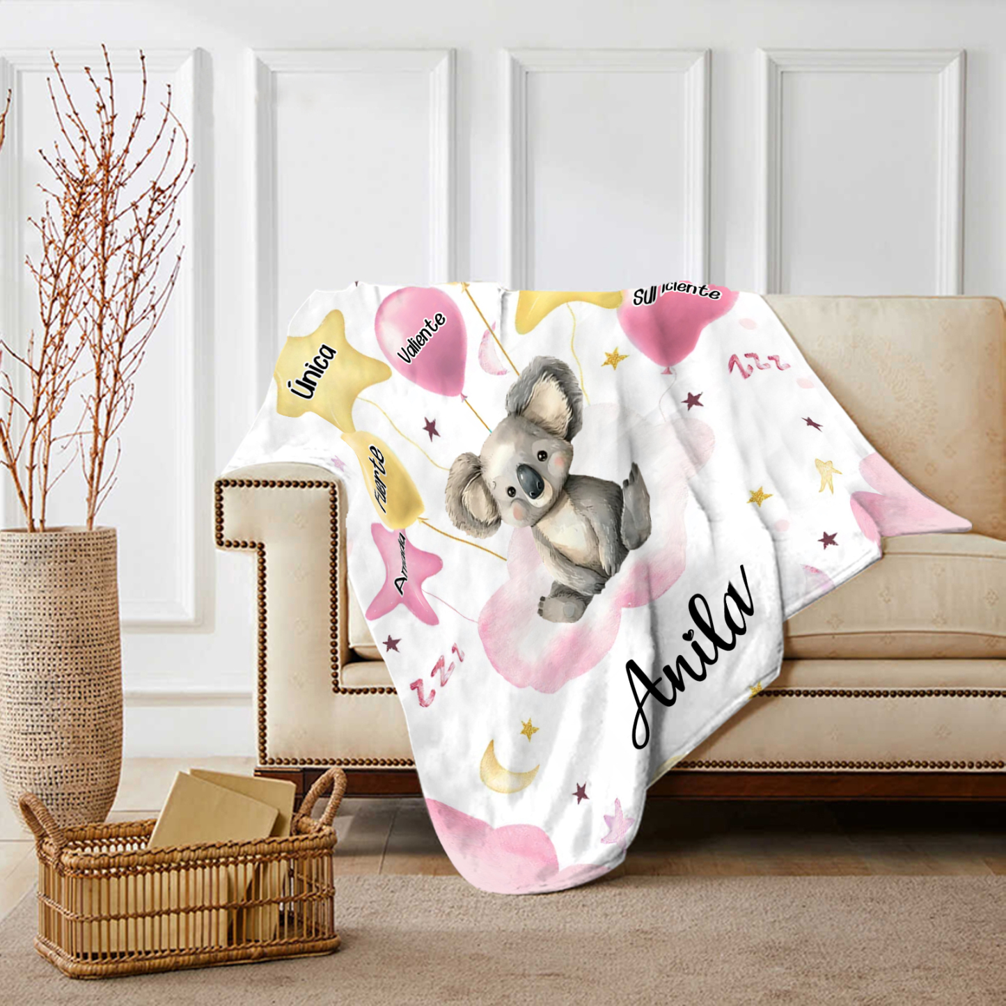 Manta rosa de buen calidad para niño con animales personalizada con 1 nombre | Jessemade