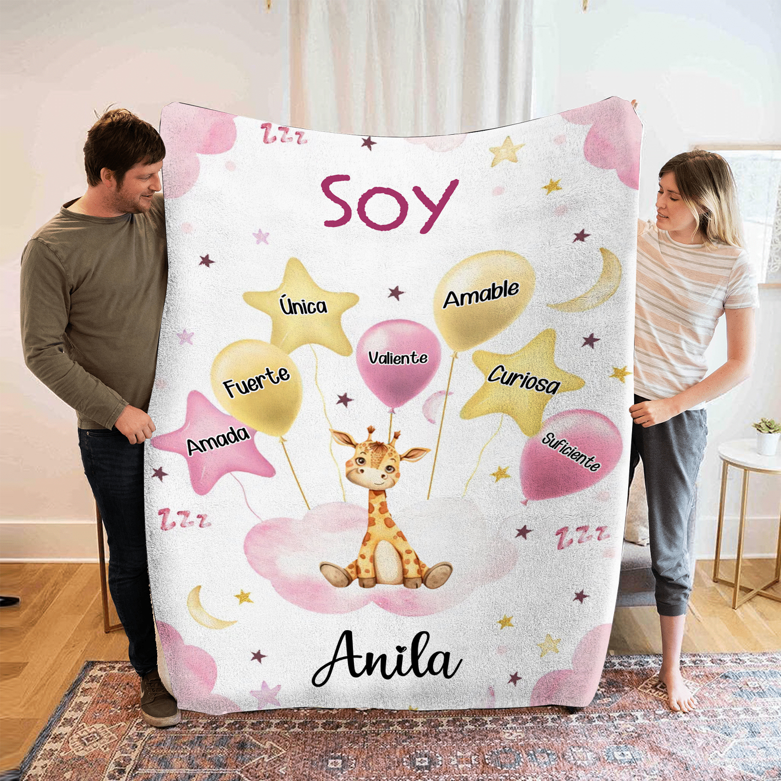 Manta rosa de buen calidad para niño con animales personalizada con 1 nombre | Jessemade