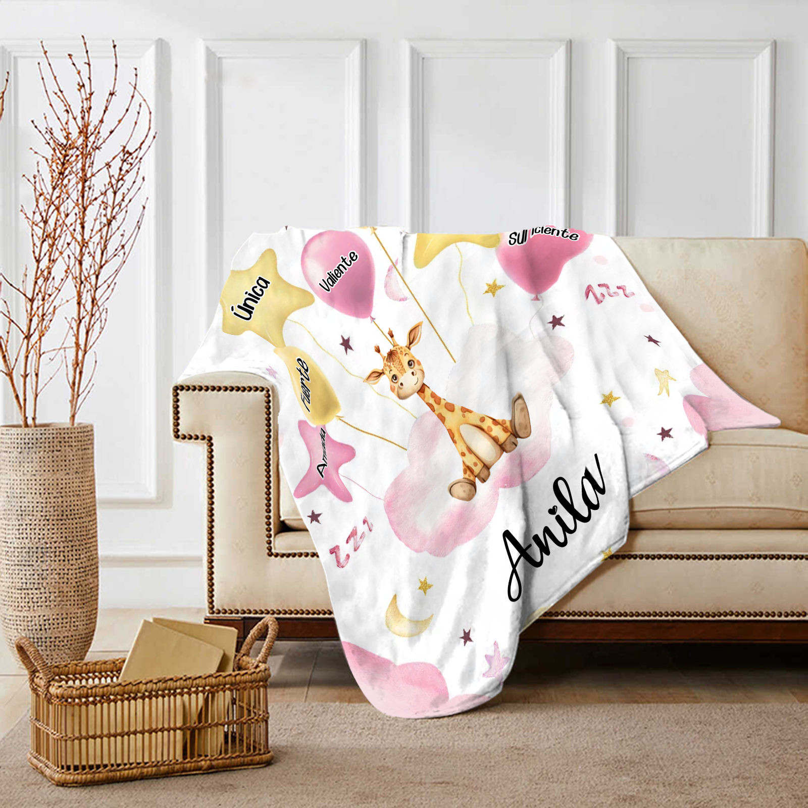 Manta rosa de buen calidad para niño con animales personalizada con 1 nombre | Jessemade