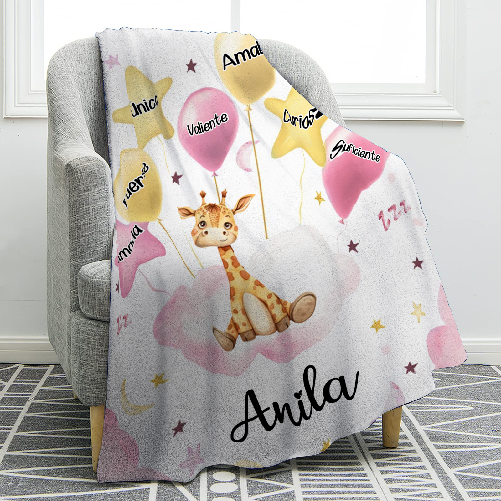 Manta rosa de buen calidad para niño con animales personalizada con 1 nombre | Jessemade