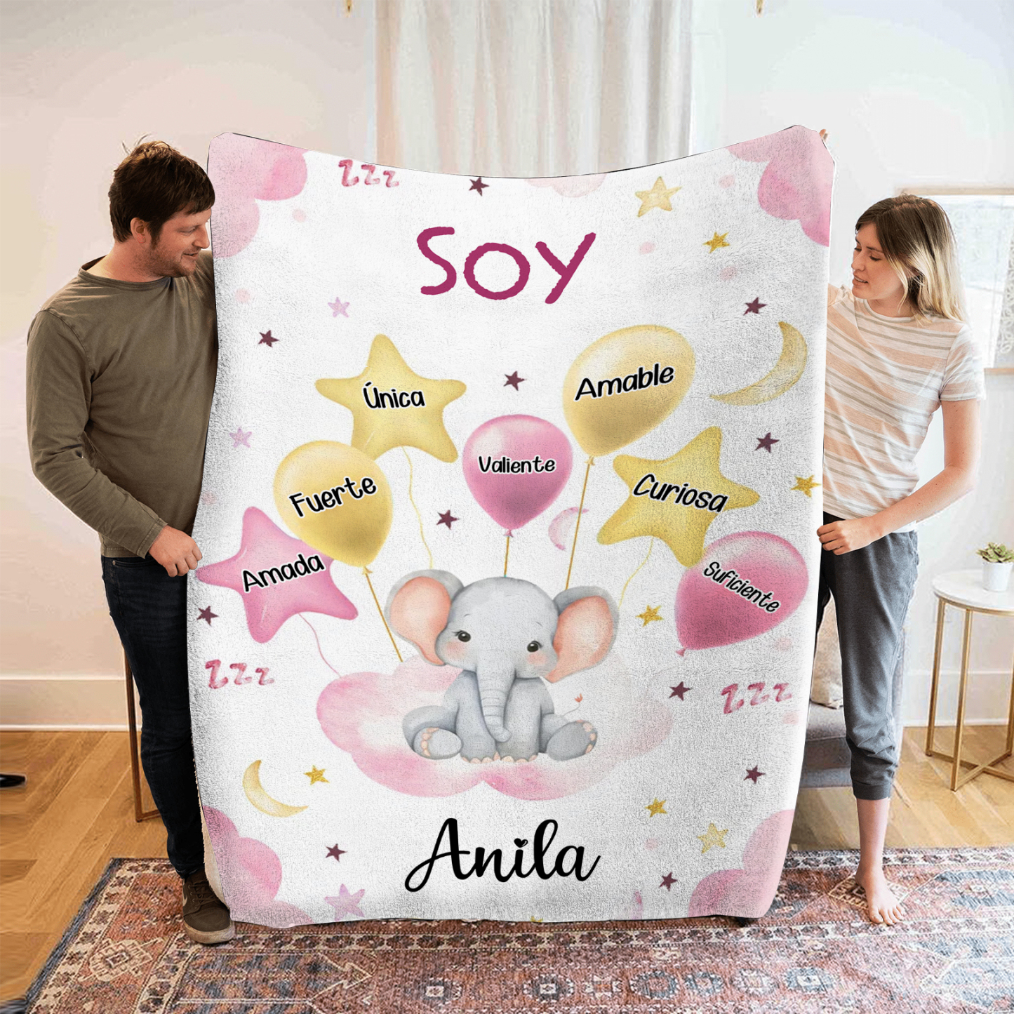 Manta rosa de buen calidad para niño con animales personalizada con 1 nombre | Jessemade