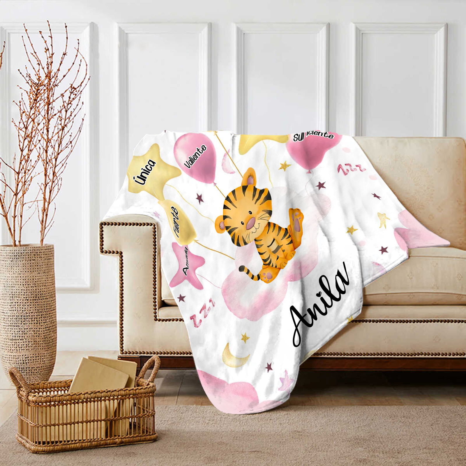 Manta rosa de buen calidad para niño con animales personalizada con 1 nombre | Jessemade