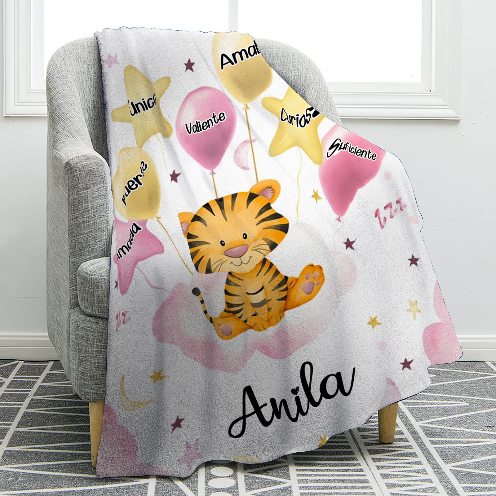 Manta rosa de buen calidad para niño con animales personalizada con 1 nombre | Jessemade