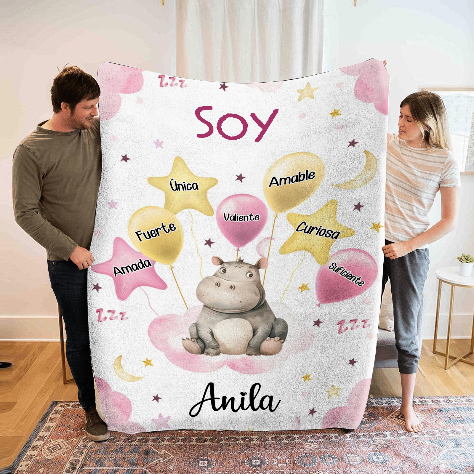 Manta rosa de buen calidad para niño con animales personalizada con 1 nombre | Jessemade