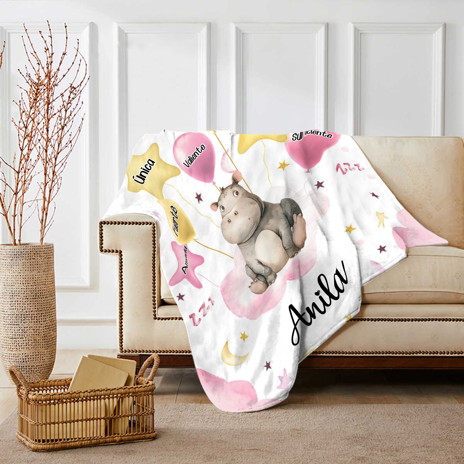 Manta rosa de buen calidad para niño con animales personalizada con 1 nombre | Jessemade