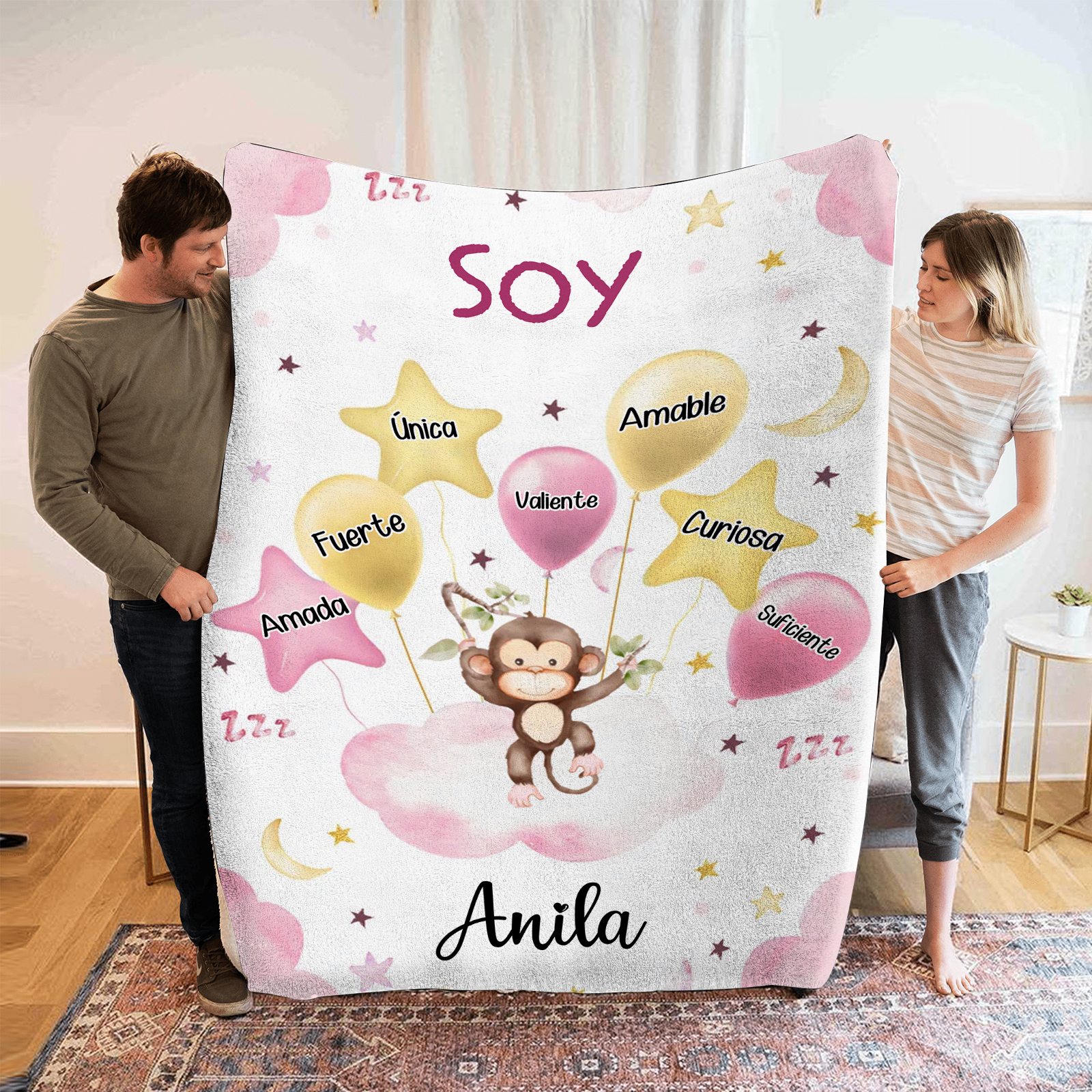 Manta rosa de buen calidad para niño con animales personalizada con 1 nombre | Jessemade