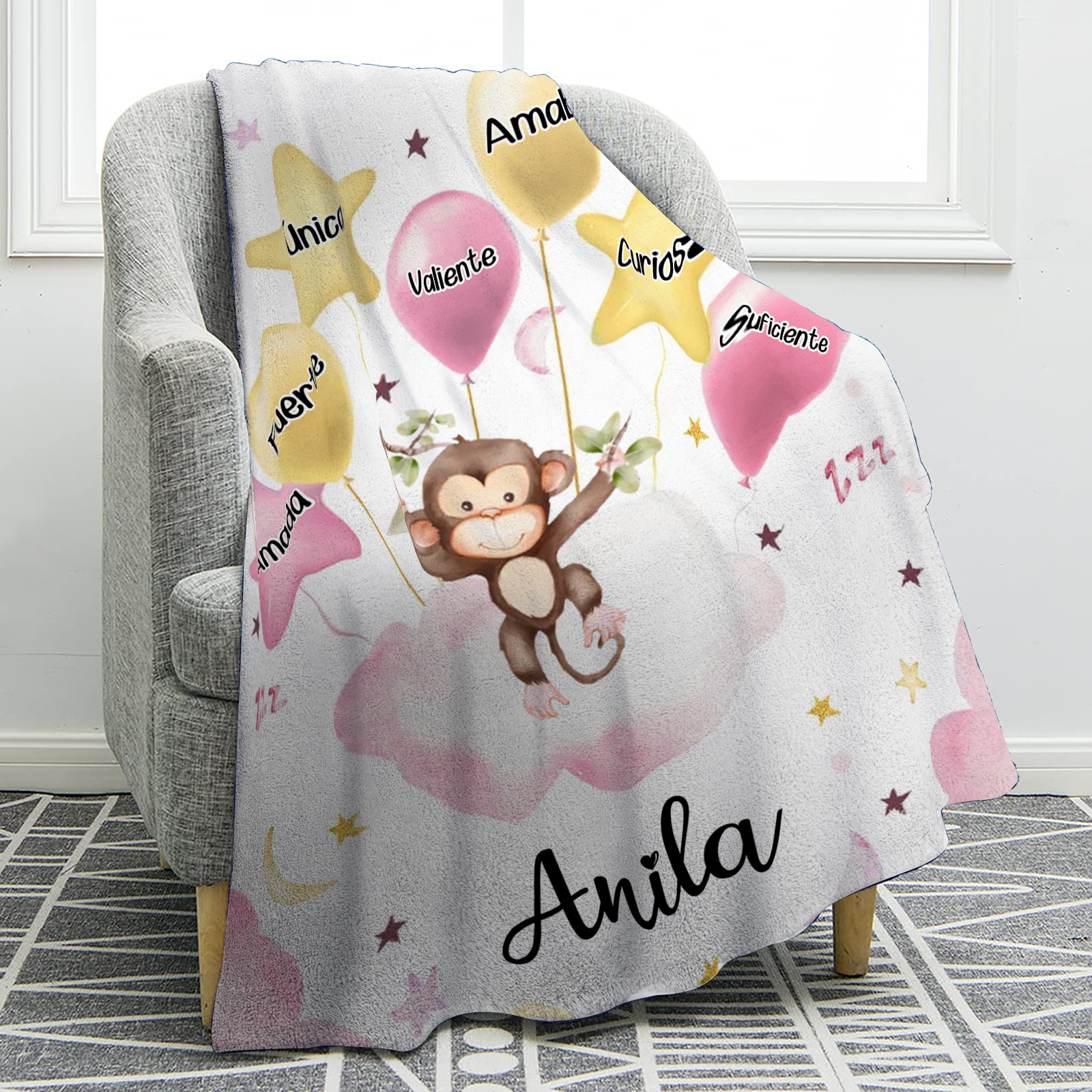 Manta rosa de buen calidad para niño con animales personalizada con 1 nombre | Jessemade