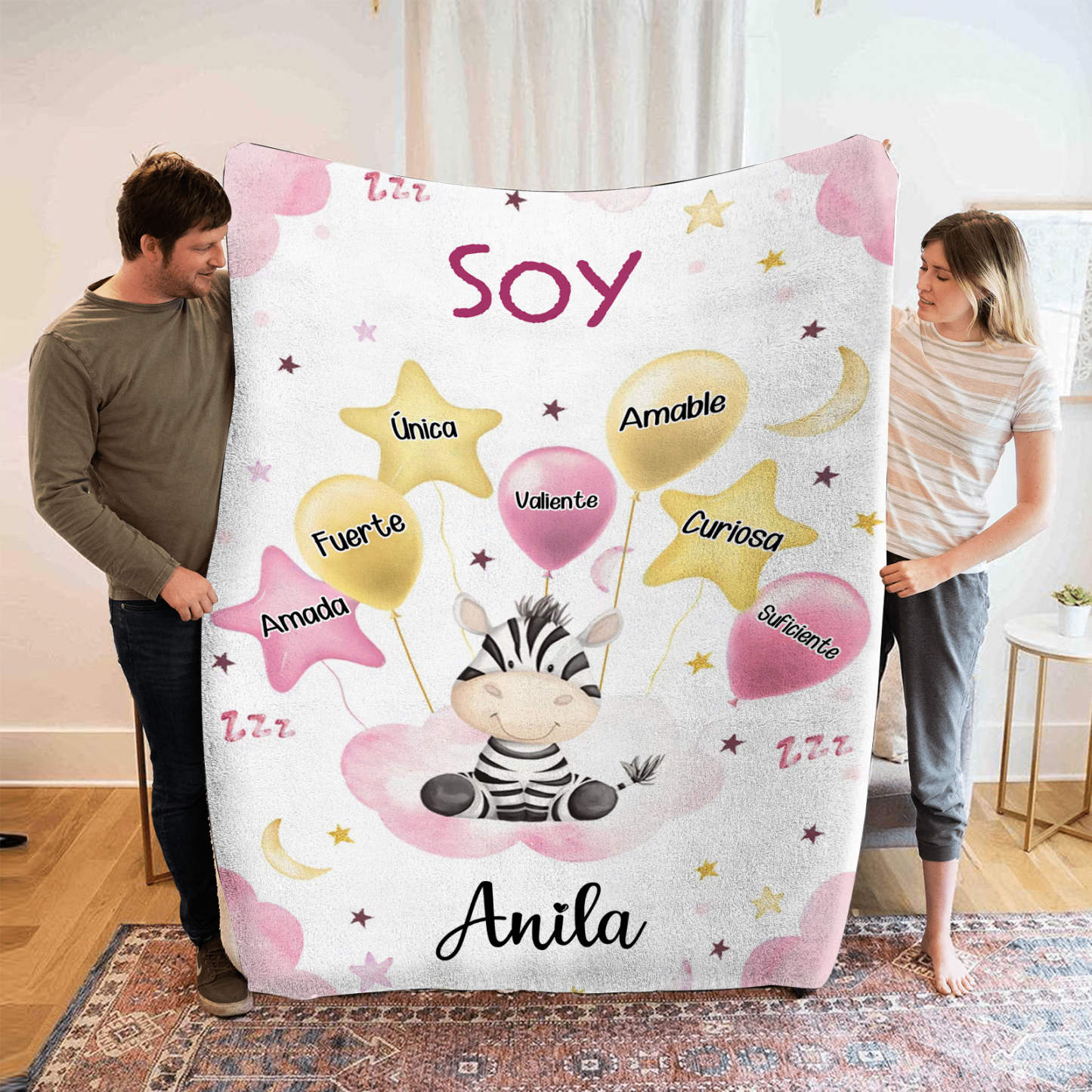 Manta rosa de buen calidad para niño con animales personalizada con 1 nombre | Jessemade