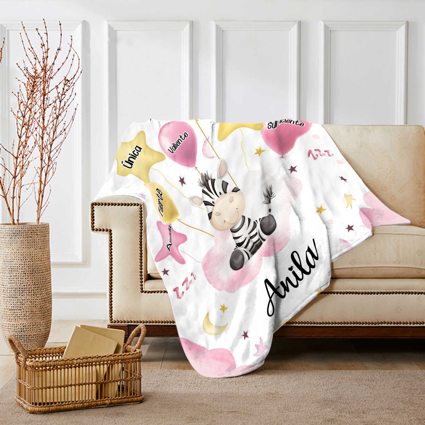 Manta rosa de buen calidad para niño con animales personalizada con 1 nombre | Jessemade