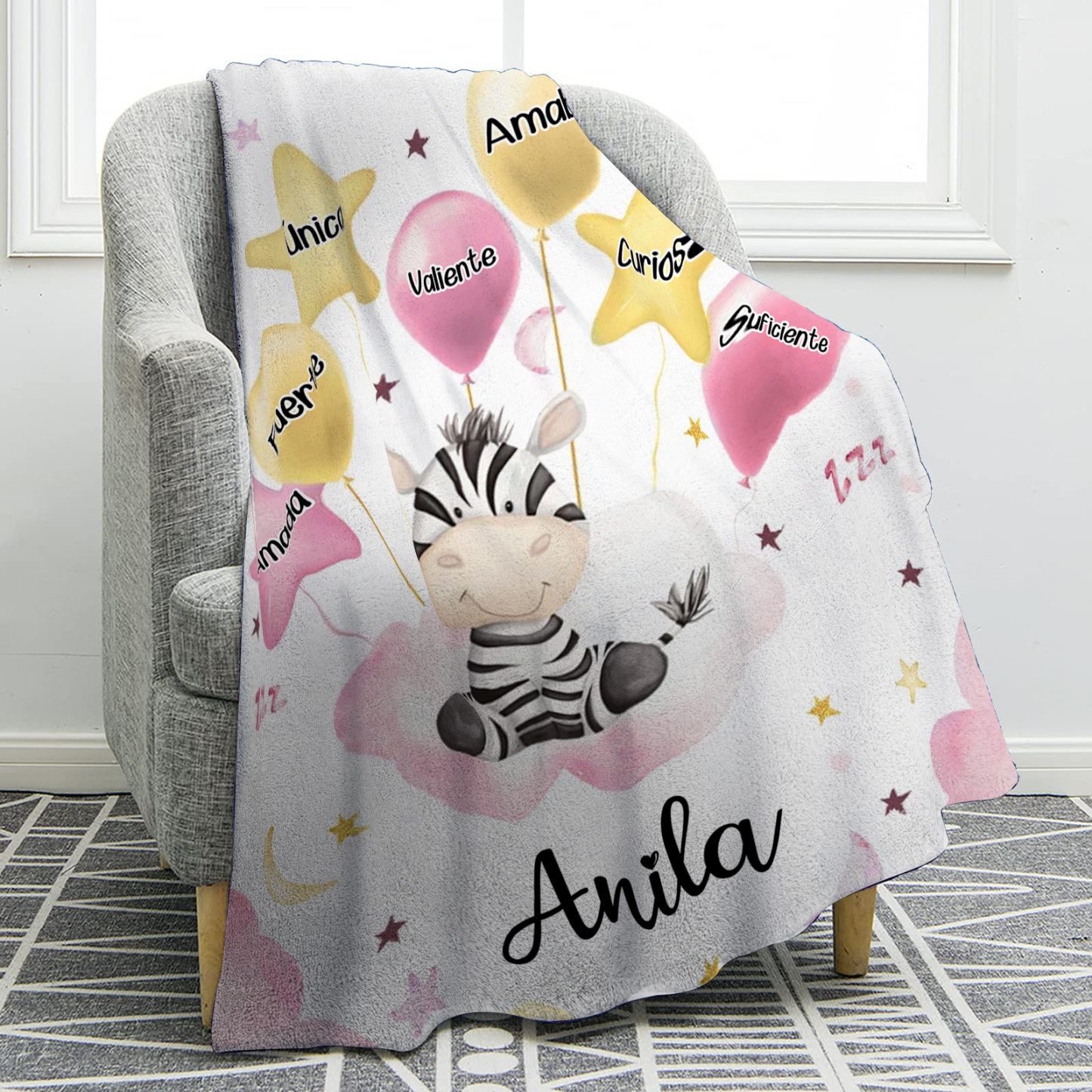 Manta rosa de buen calidad para niño con animales personalizada con 1 nombre | Jessemade