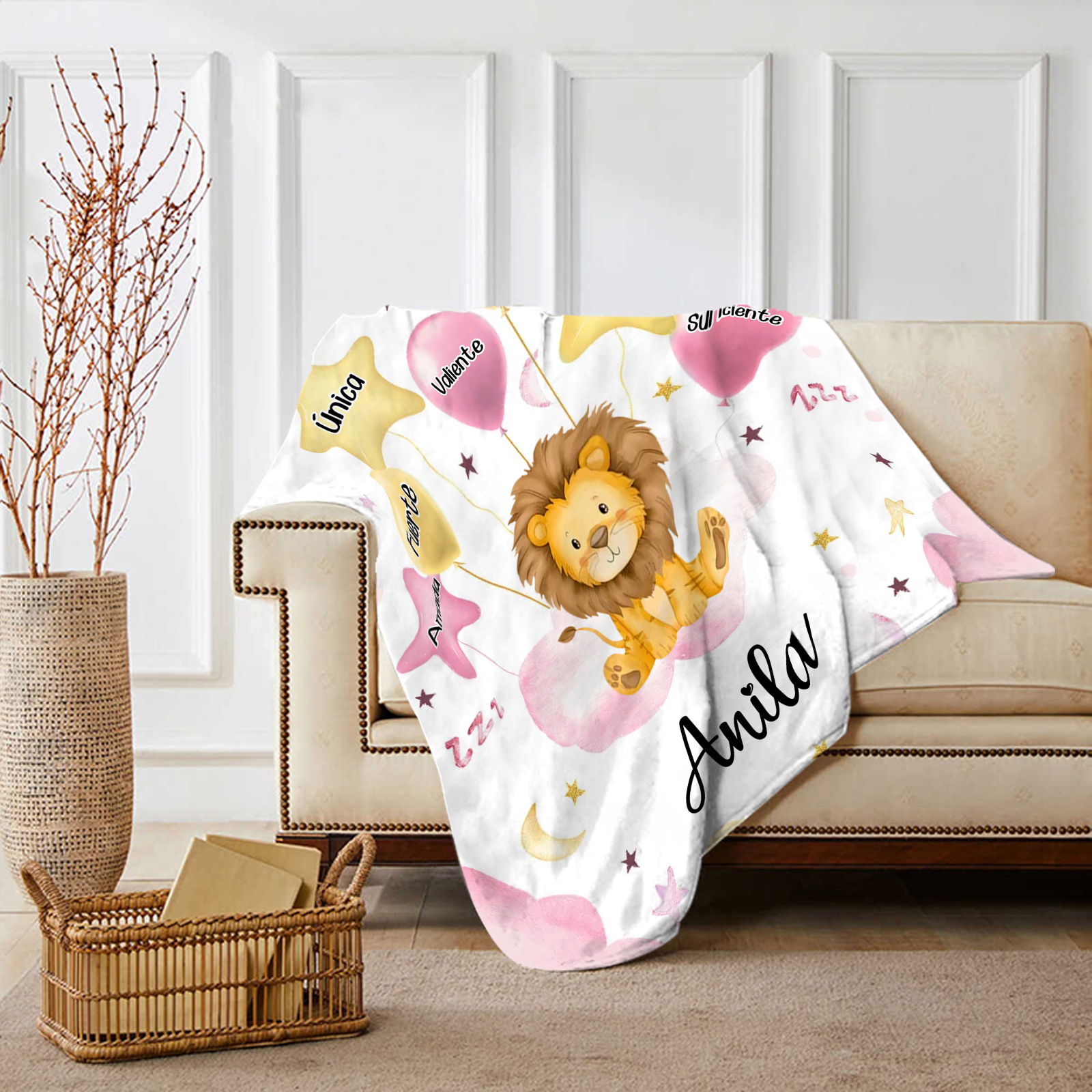 Manta rosa de buen calidad para niño con animales personalizada con 1 nombre | Jessemade