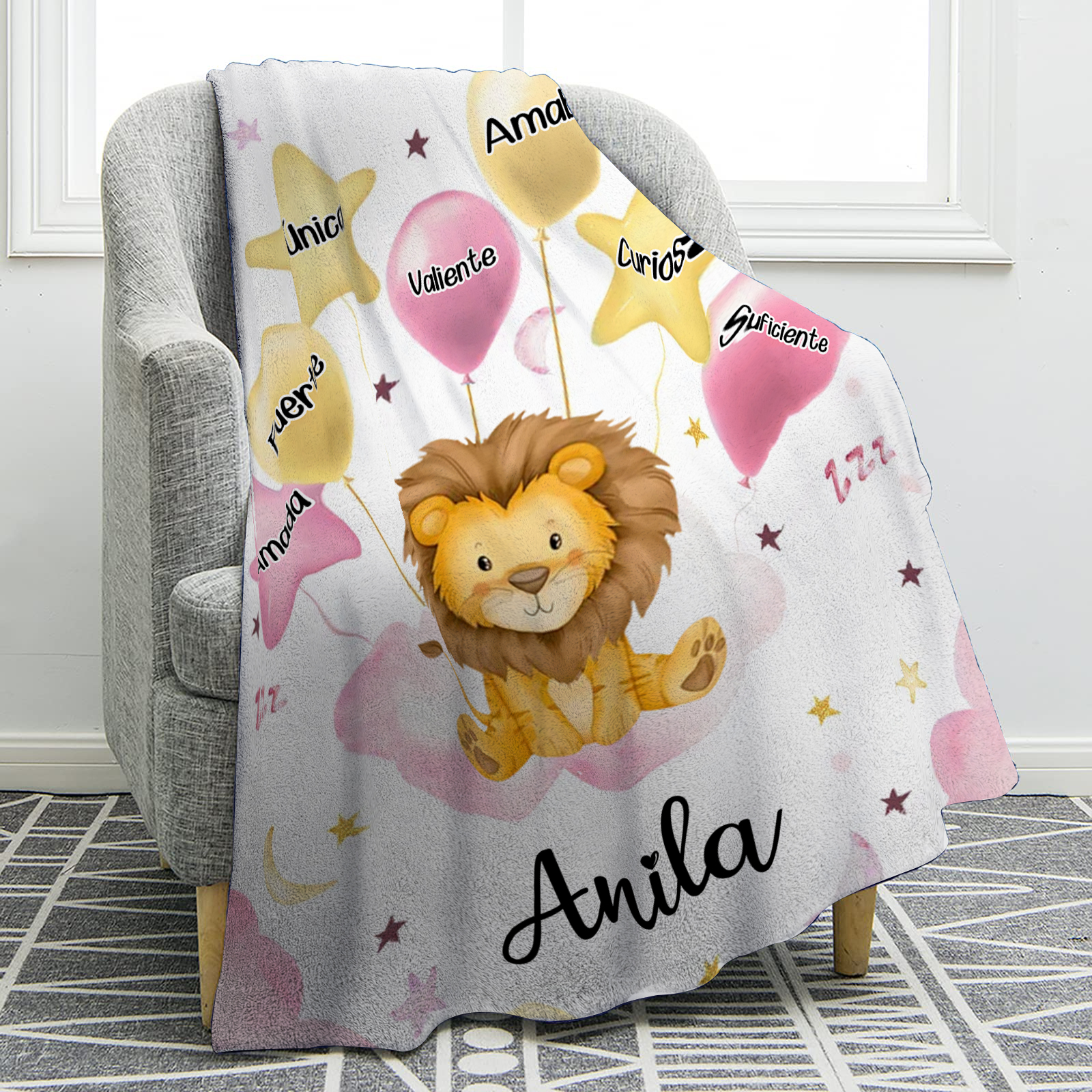 Manta rosa de buen calidad para niño con animales personalizada con 1 nombre | Jessemade