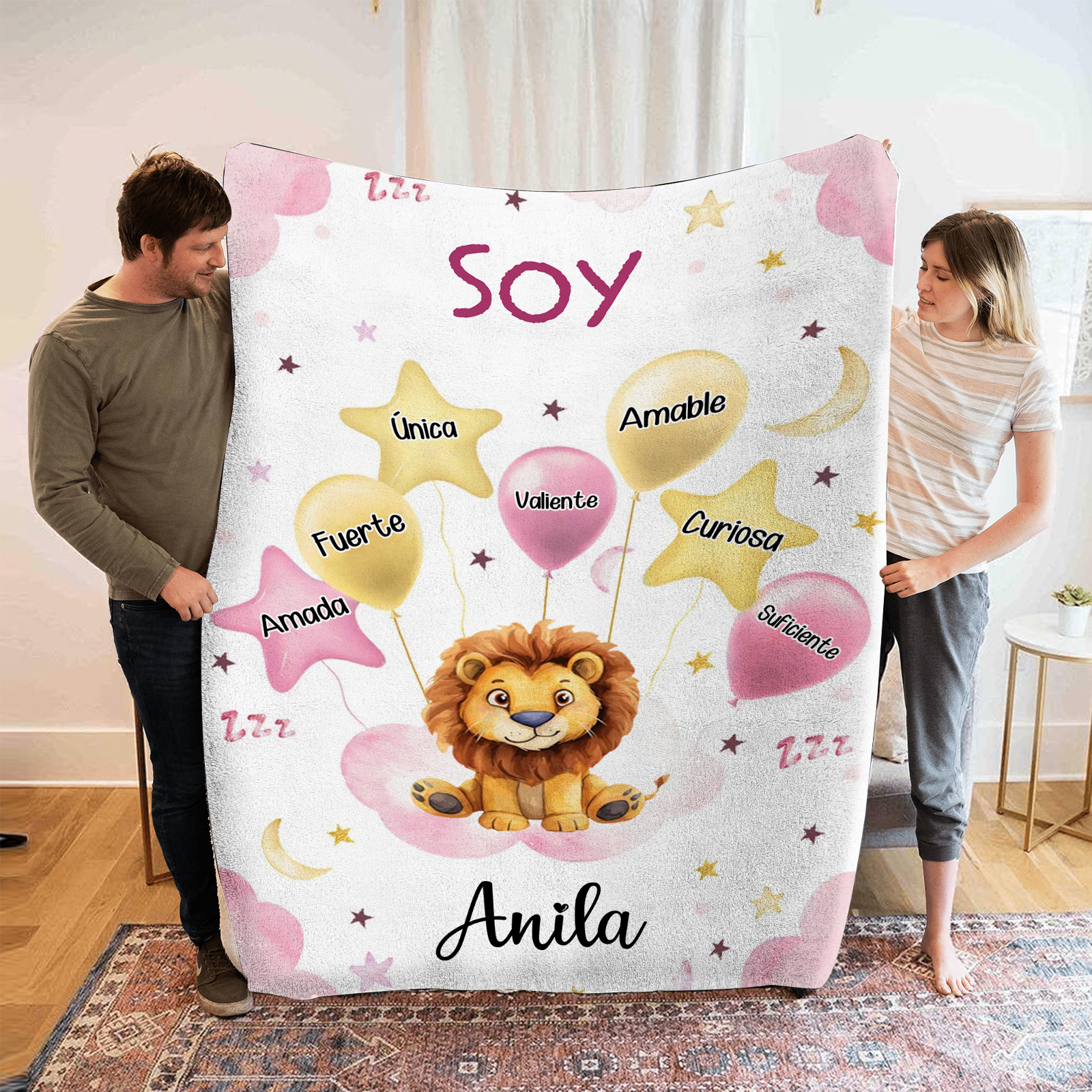 Manta rosa de buen calidad para niño con animales personalizada con 1 nombre | Jessemade