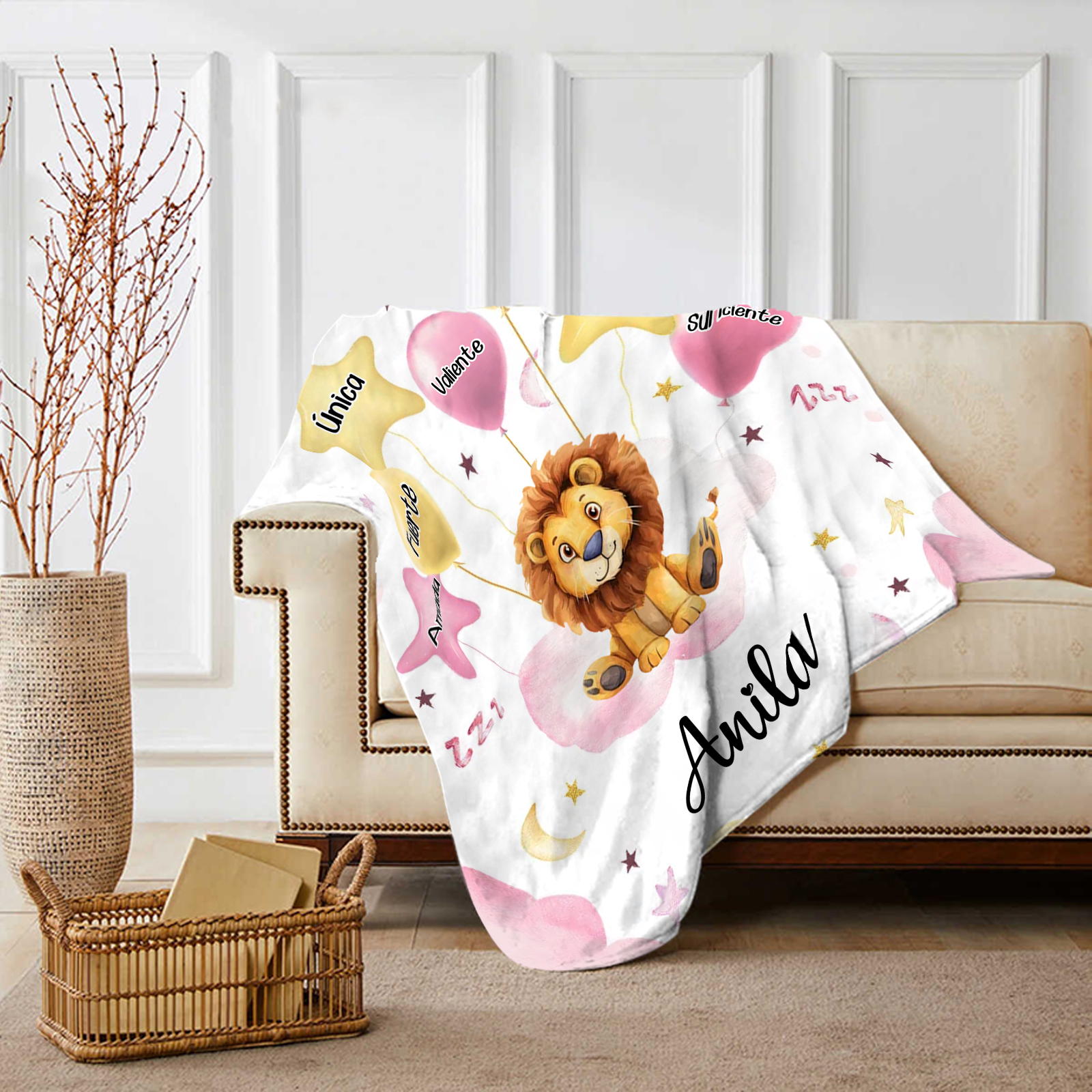 Manta rosa de buen calidad para niño con animales personalizada con 1 nombre | Jessemade