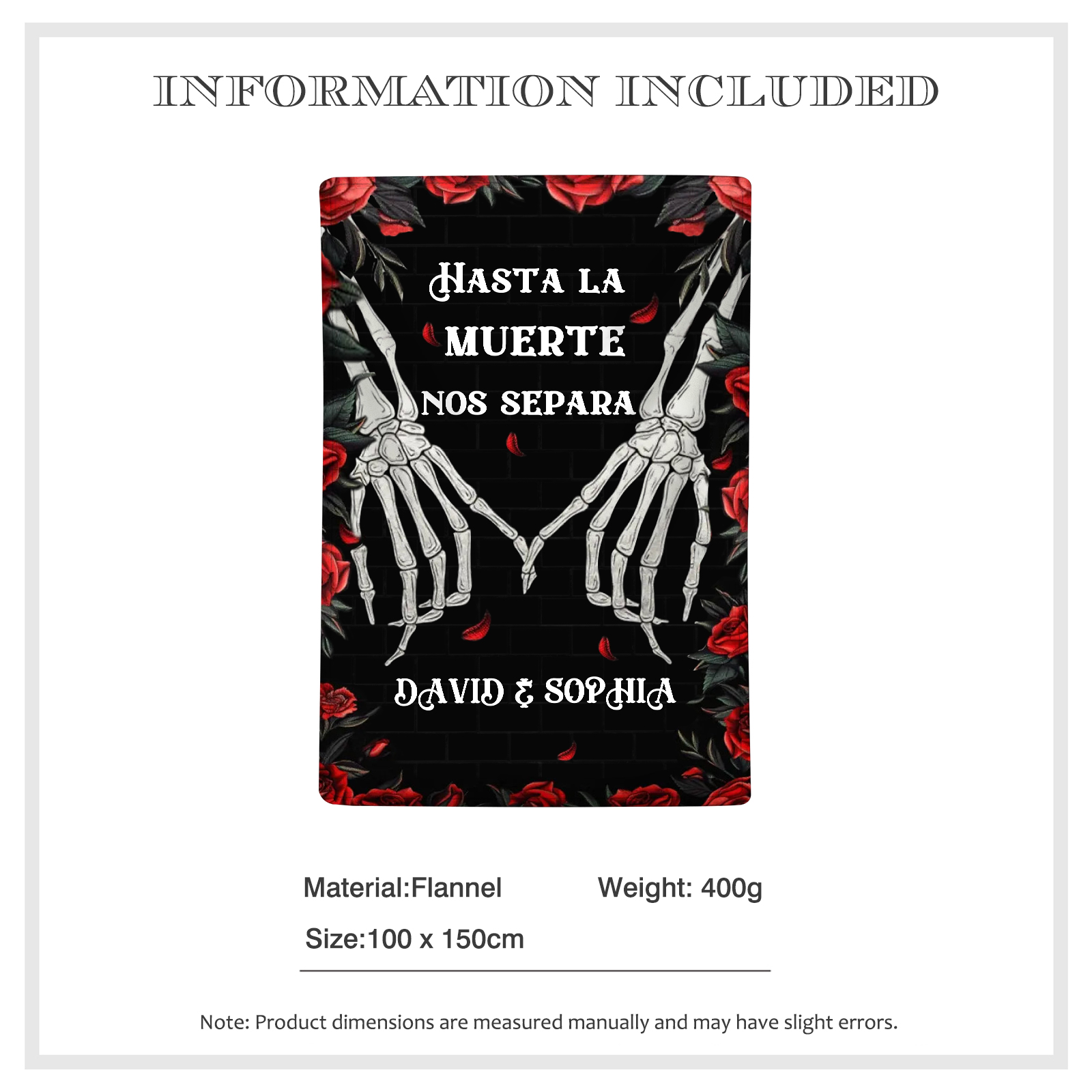 Pareja-Manta para pareja manos de esqueleto cogidas 2 nombres personalizados | Jessemade