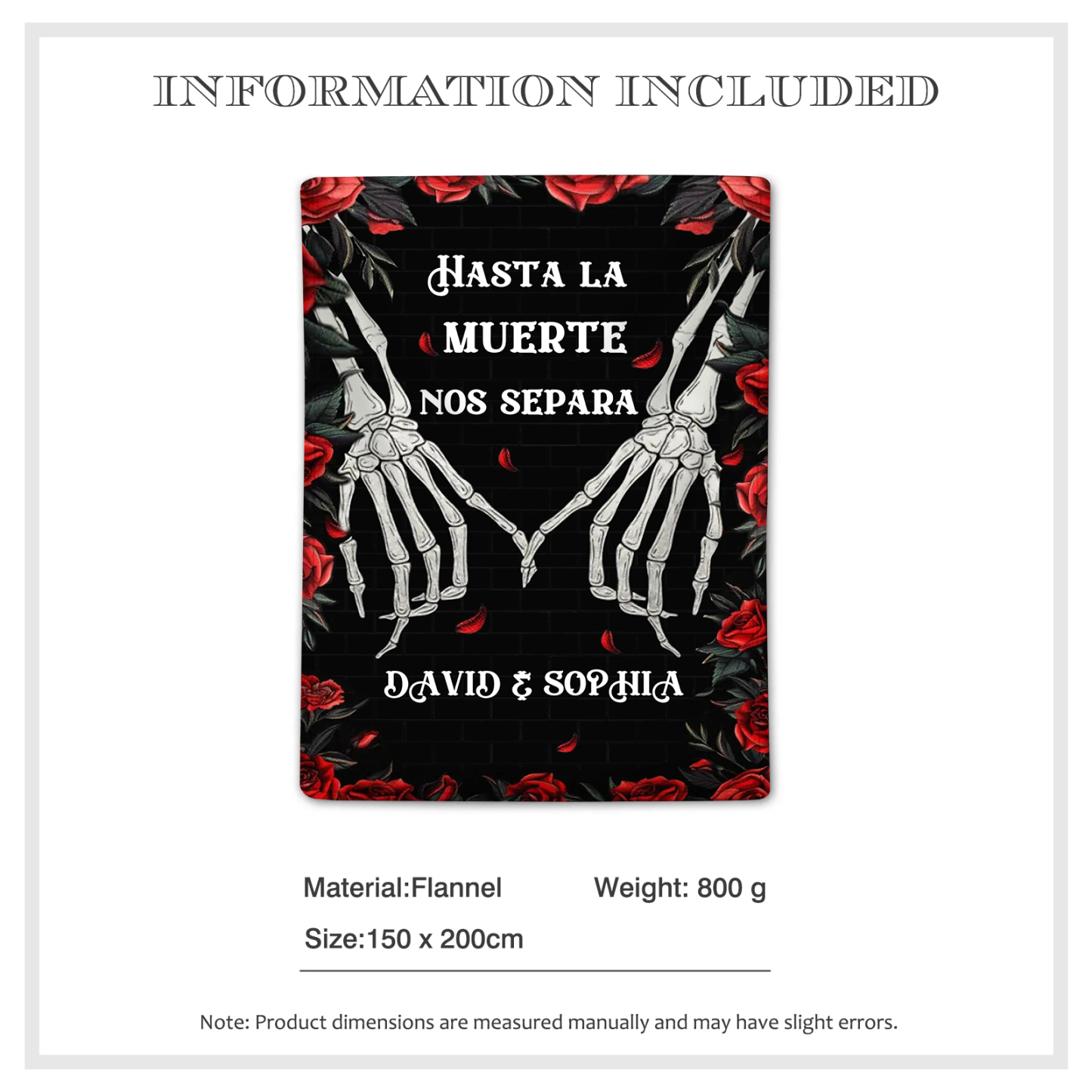 Pareja-Manta para pareja manos de esqueleto cogidas 2 nombres personalizados | Jessemade