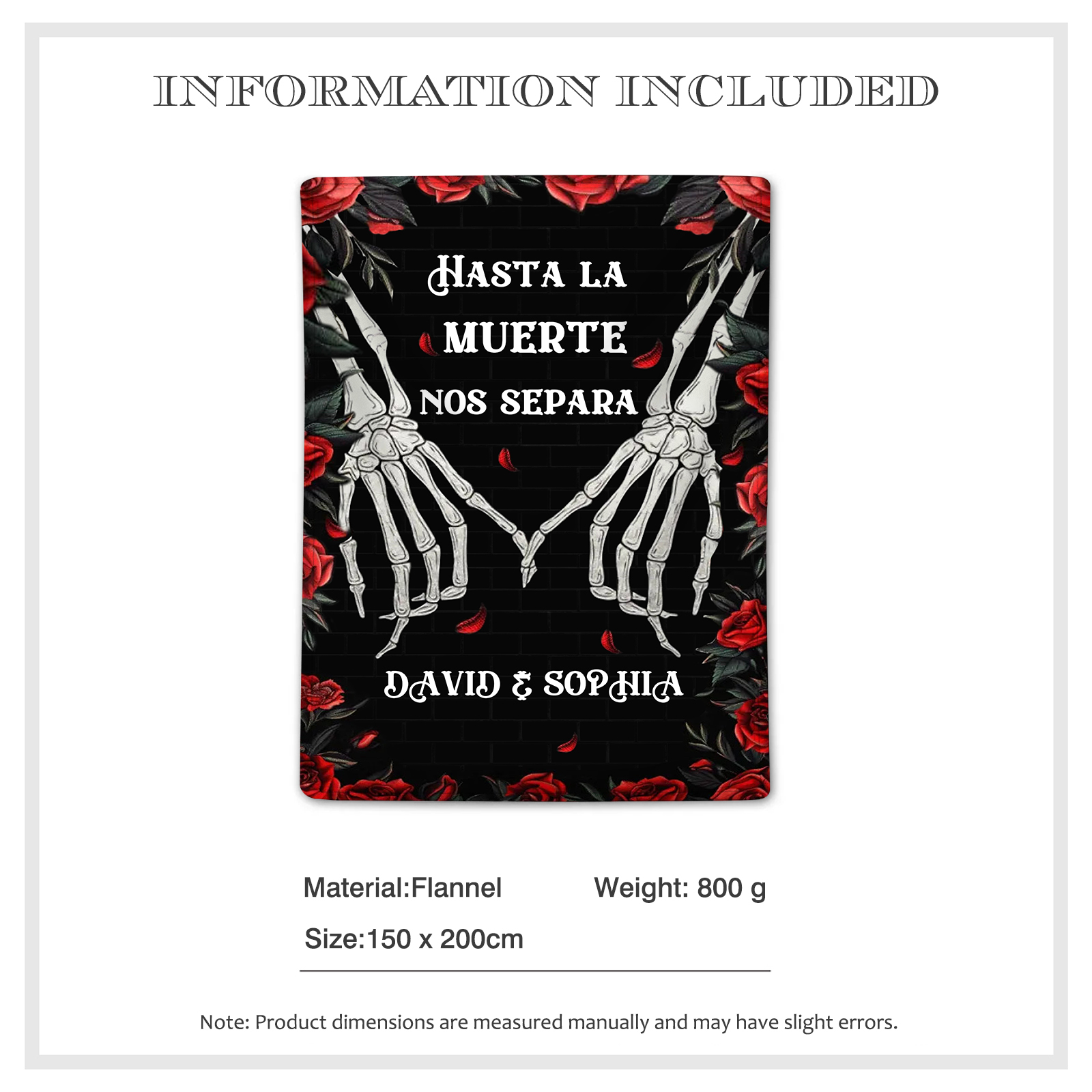 Pareja-Manta para pareja manos de esqueleto cogidas 2 nombres personalizados | Jessemade