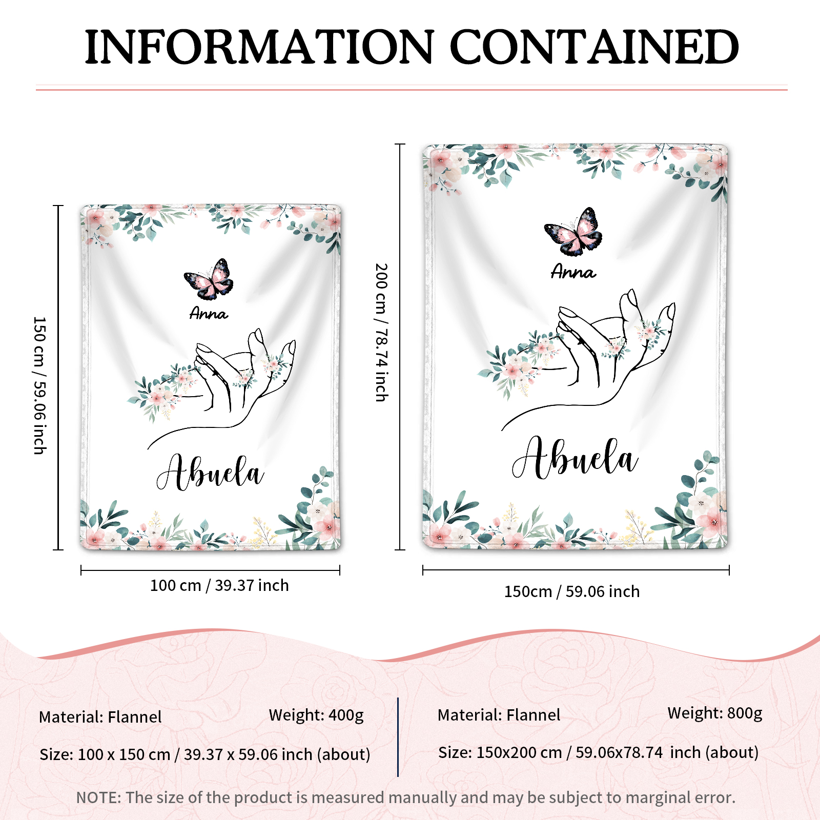 A mi abuela/mamá-Manta de buen calidad mano y mariposa personalizada con 1 nombre y texto | Jessemade