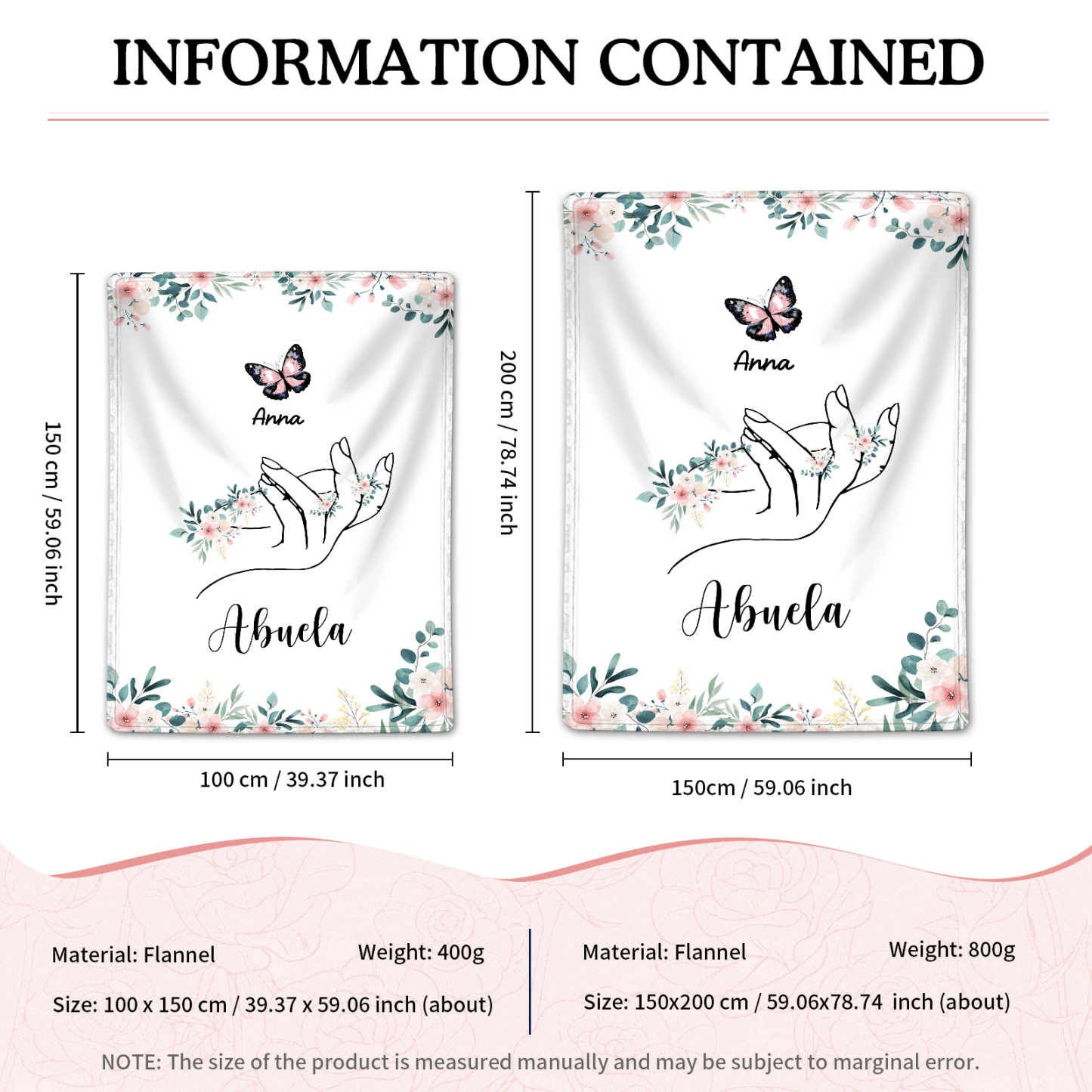 A mi abuela/mamá-Manta de buen calidad mano y mariposa personalizada con 1 nombre y texto | Jessemade