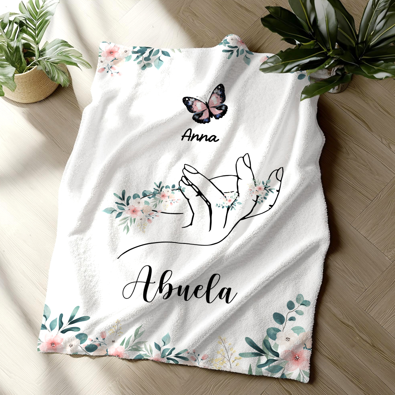 A mi abuela/mamá-Manta de buen calidad mano y mariposa personalizada con 1 nombre y texto | Jessemade