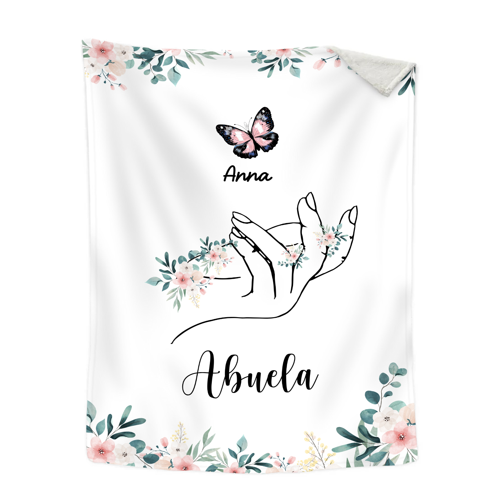A mi abuela/mamá-Manta de buen calidad mano y mariposa personalizada con 1 nombre y texto | Jessemade